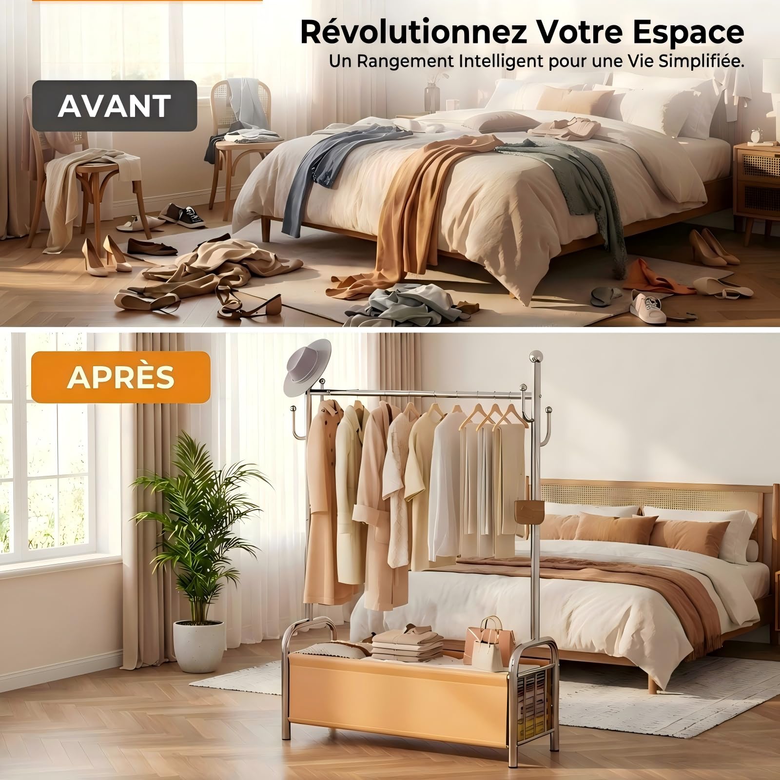 Portant à Vêtements en Acier Inoxydable avec Panier de Rangement, Penderie Solide, Tringle Robuste, Portant 3 en 1 pour Organisation des Vêtements