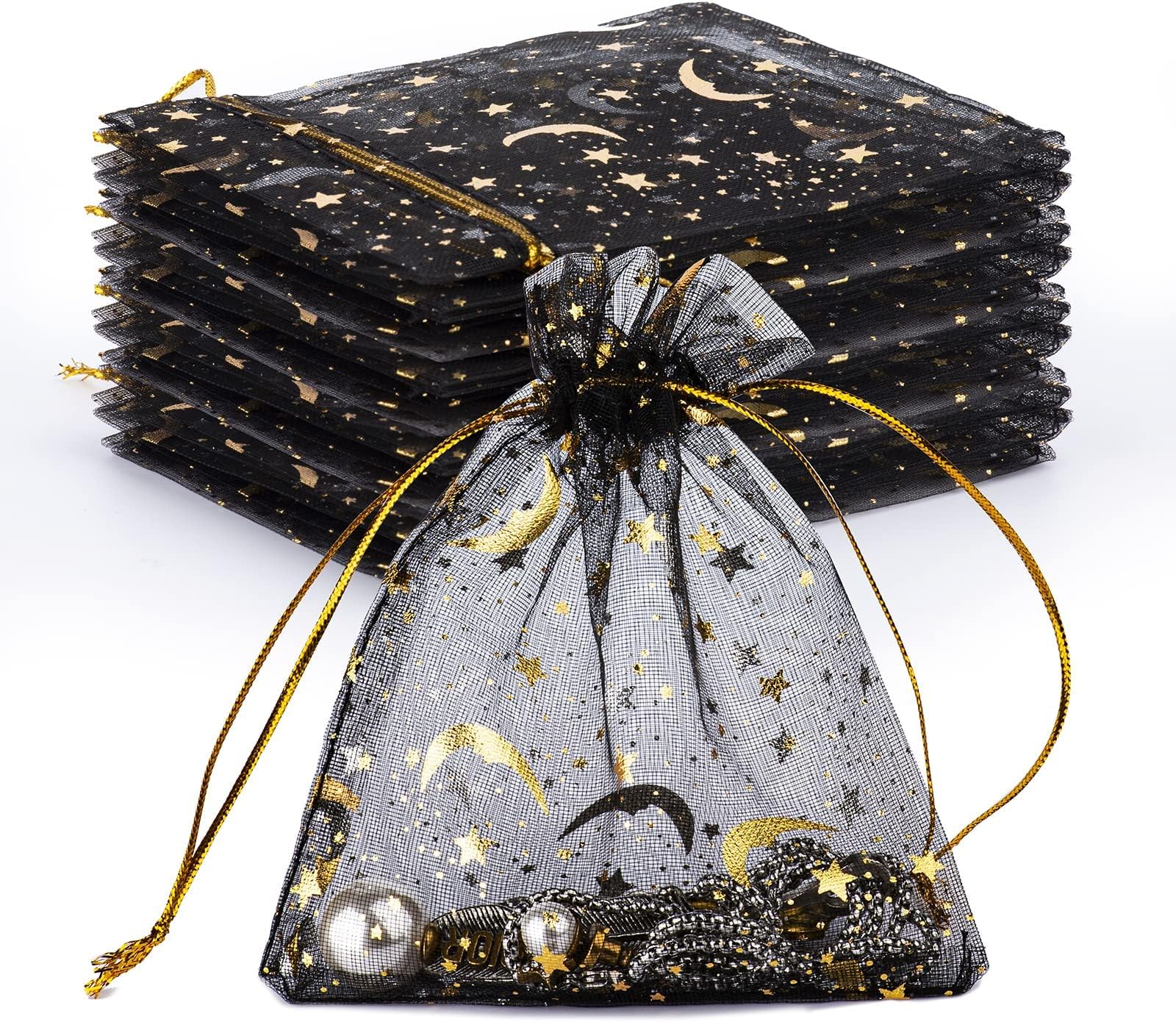 100pcs 4.0x4.7inch Moon Star Print Orchid Organza Bags Candy Gift Stars and Moon Black Bags, Makeup Organza Favor Net Gift Bags Drawstring Goody Bags for Party, Jewelry, Festival