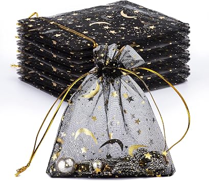GoClimber 100 PCS 4.0x4.7 Inches Moon Star Printed Orchid Organza Bags, Black Moon and Stars Bag for Make up,Candy, Gifts, Party, Jewelry, Festival, Net Favor Drawstring goody Bags
