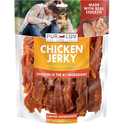 Pur Luv Chicken Jerky Dog Treats, Made with 100% Real Chicken Breast, 32 Ounces, Healthy, Easily Digestible, Long-Lasting, High Protein, Satisfies Dog's Urge to Chew