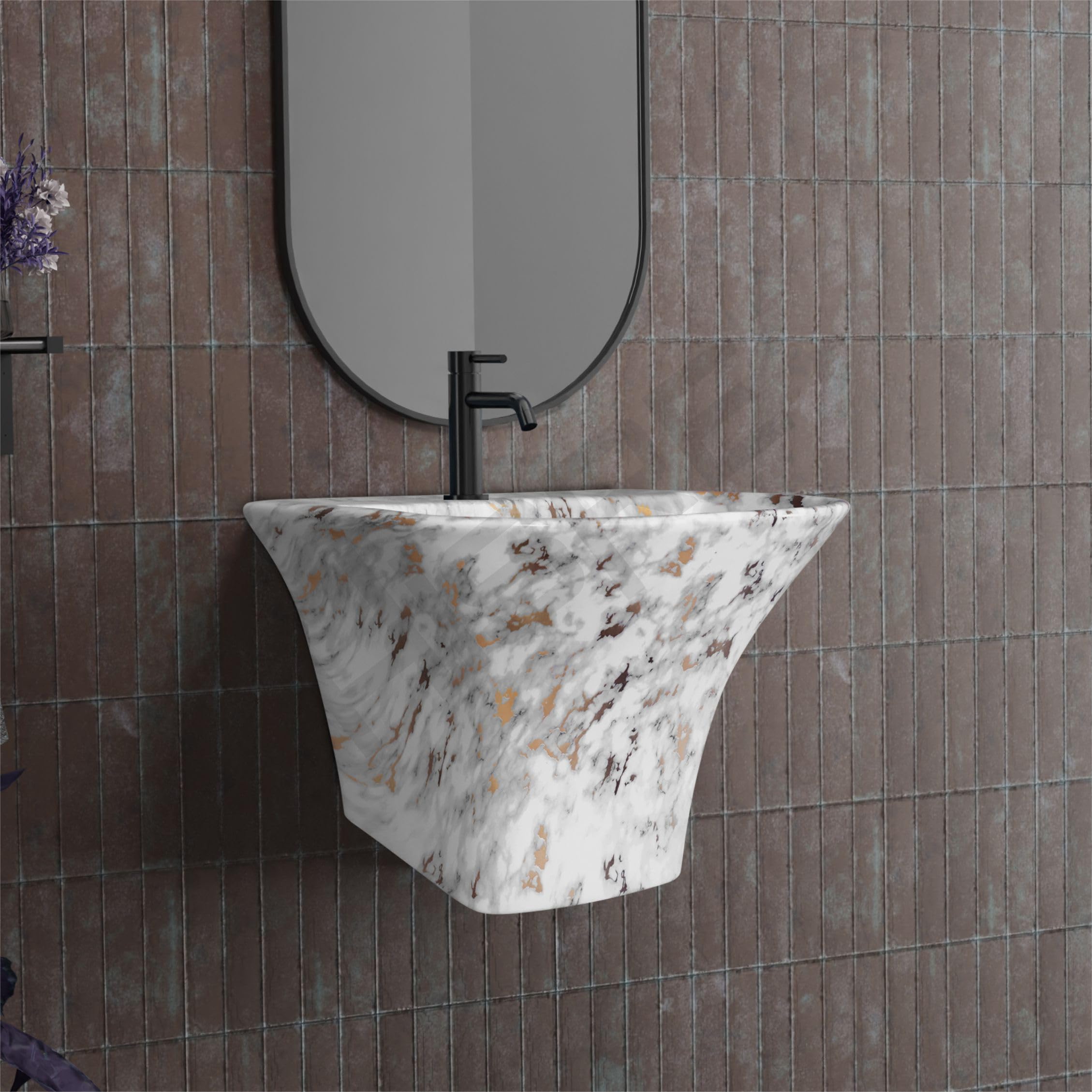 Hisre Modern Wall-Mounted Matte Ceramic Wash Basin with Curved Rectangular Design | Space-Saving Floating Bathroom Sink for Contemporary Interiors (White 1001), photo 2 of 5