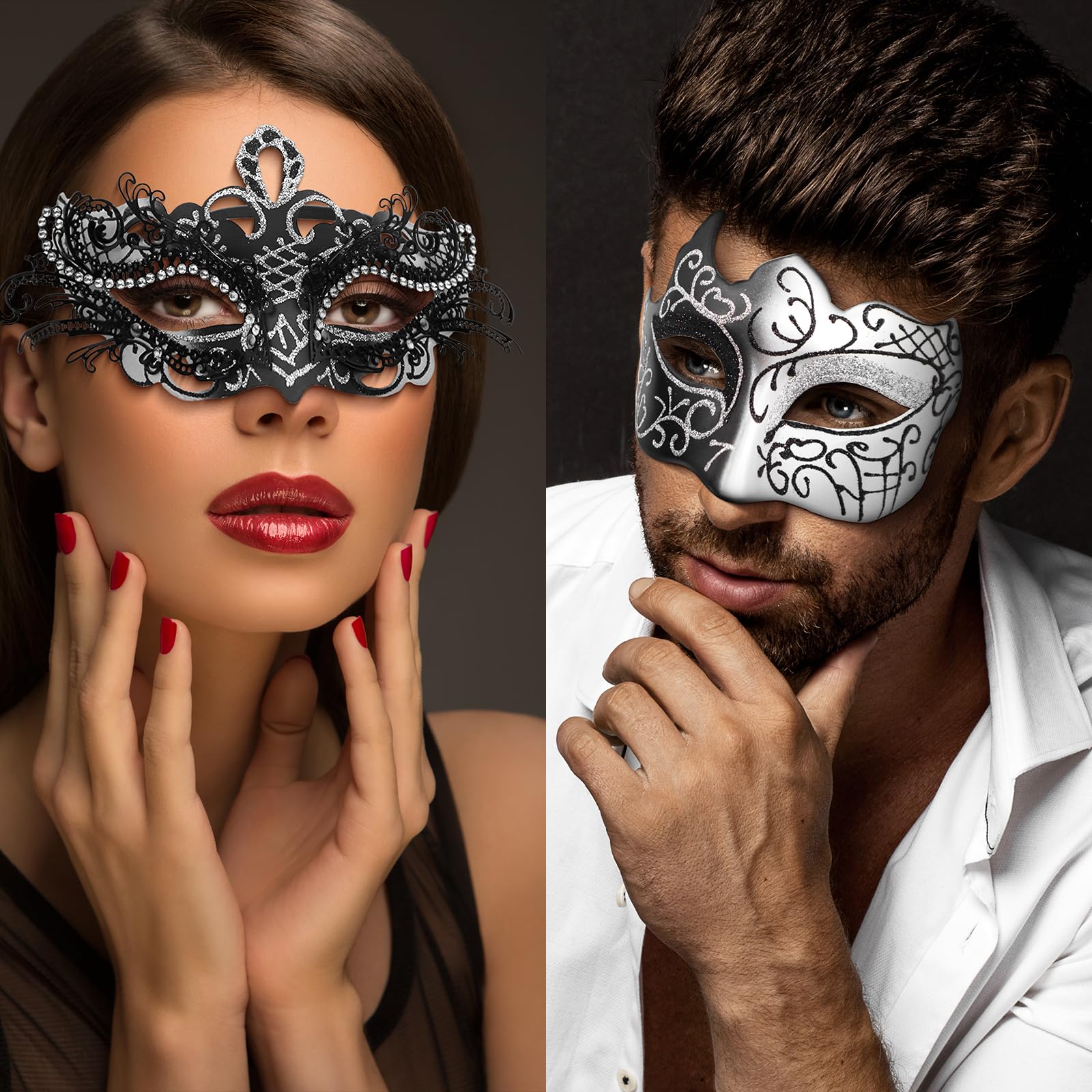 Oidea Masquerade Mask Couples Set: Silver Black Rhinestones Metal Cosplay Venetian Party Mask Halloween Costume Mardi Gras Mask for Couples Women and Men - Image 2