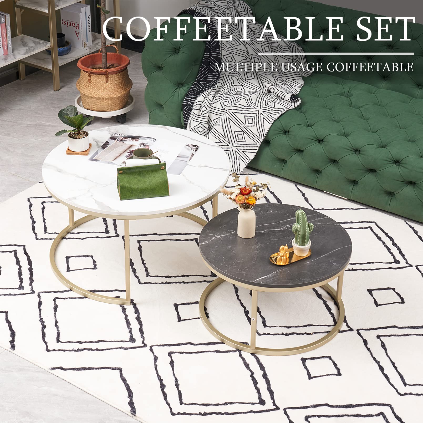 Lot De 2 Tables Basses Avec 1 Tiroir, Plateau En Placage MDF Marbre Structure En Metal