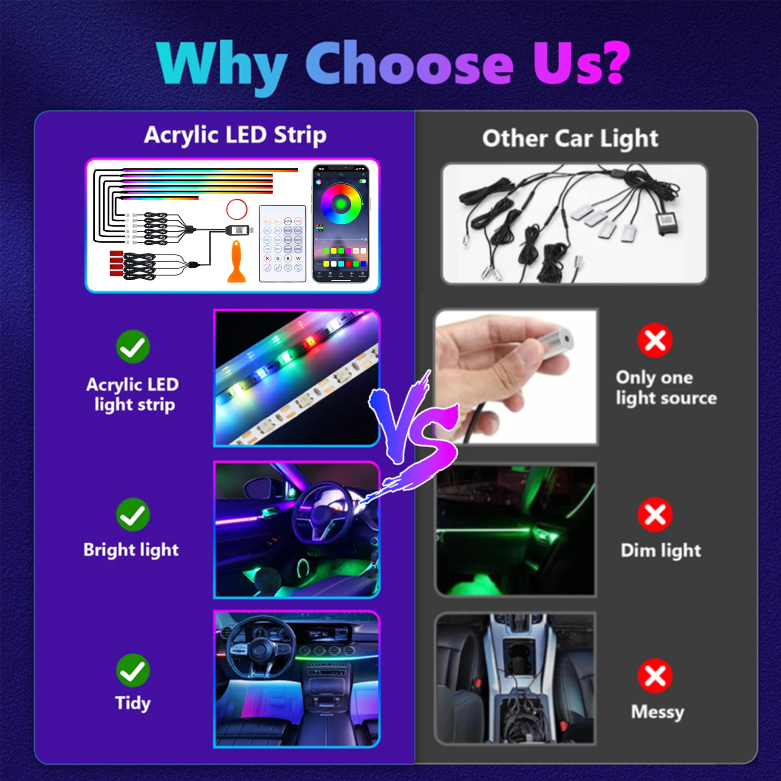 Dreamcolor - Luci per interni auto, in acrilico, con app wireless, telecomando / pulsante, 10 in 1, kit di illuminazione ambientale, 16 milioni di colori, accessori per strisce al neon per