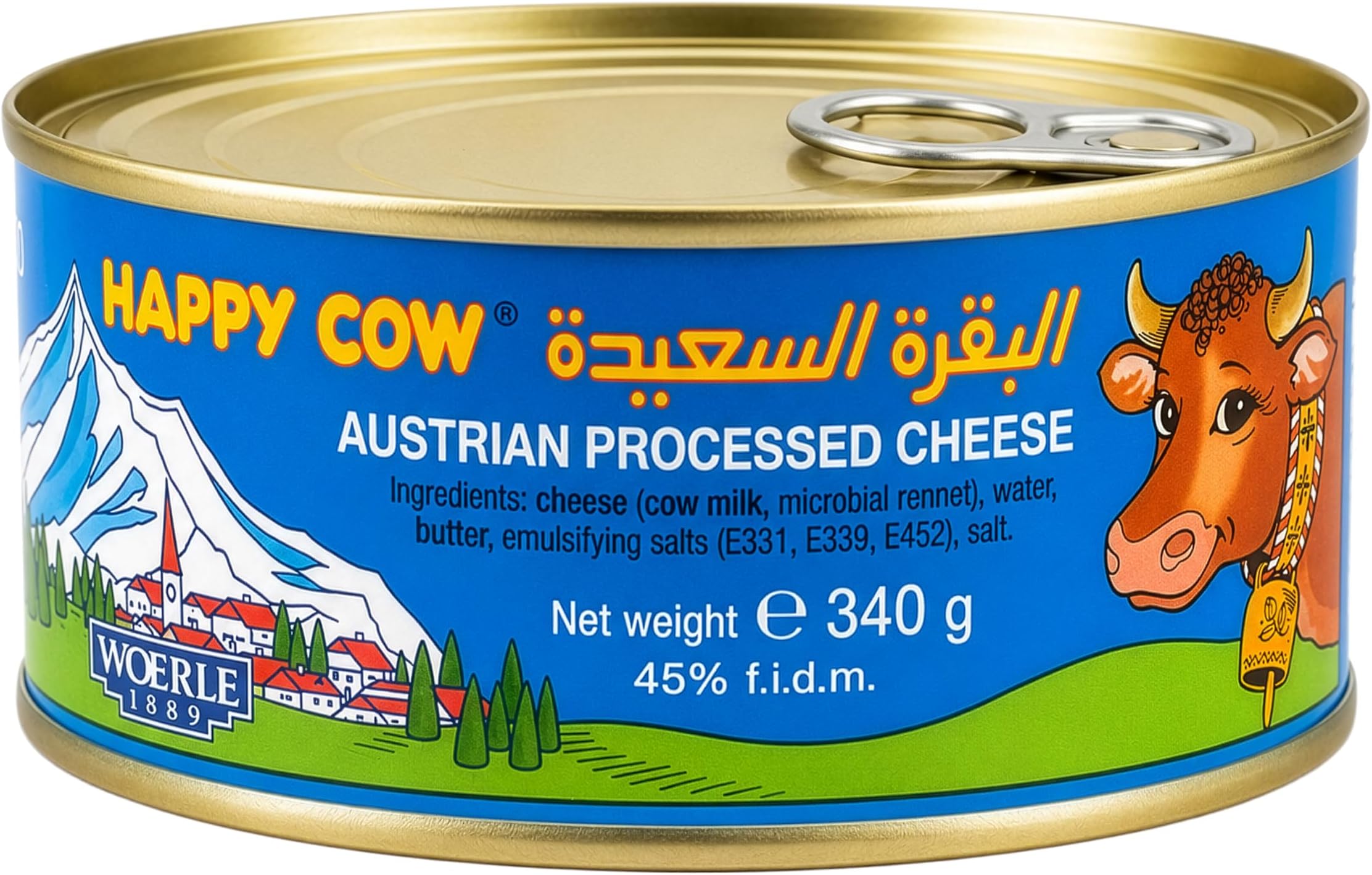 Happy Cow Halal Austrian Pasteurized Processed Cheddar Cheese, 12 OZ (340g) Easy-Open Can, Ready-to-Eat Cheese for Toast, Crackers, Sandwiches & Camping