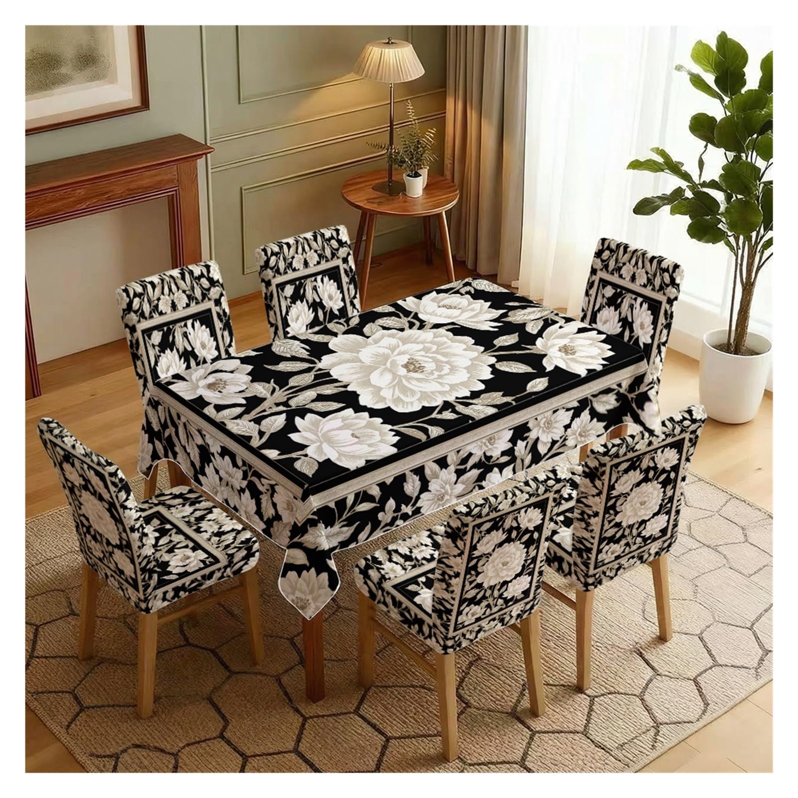 Nappe pivoines noir et blanc et housses extensibles au style vintage
