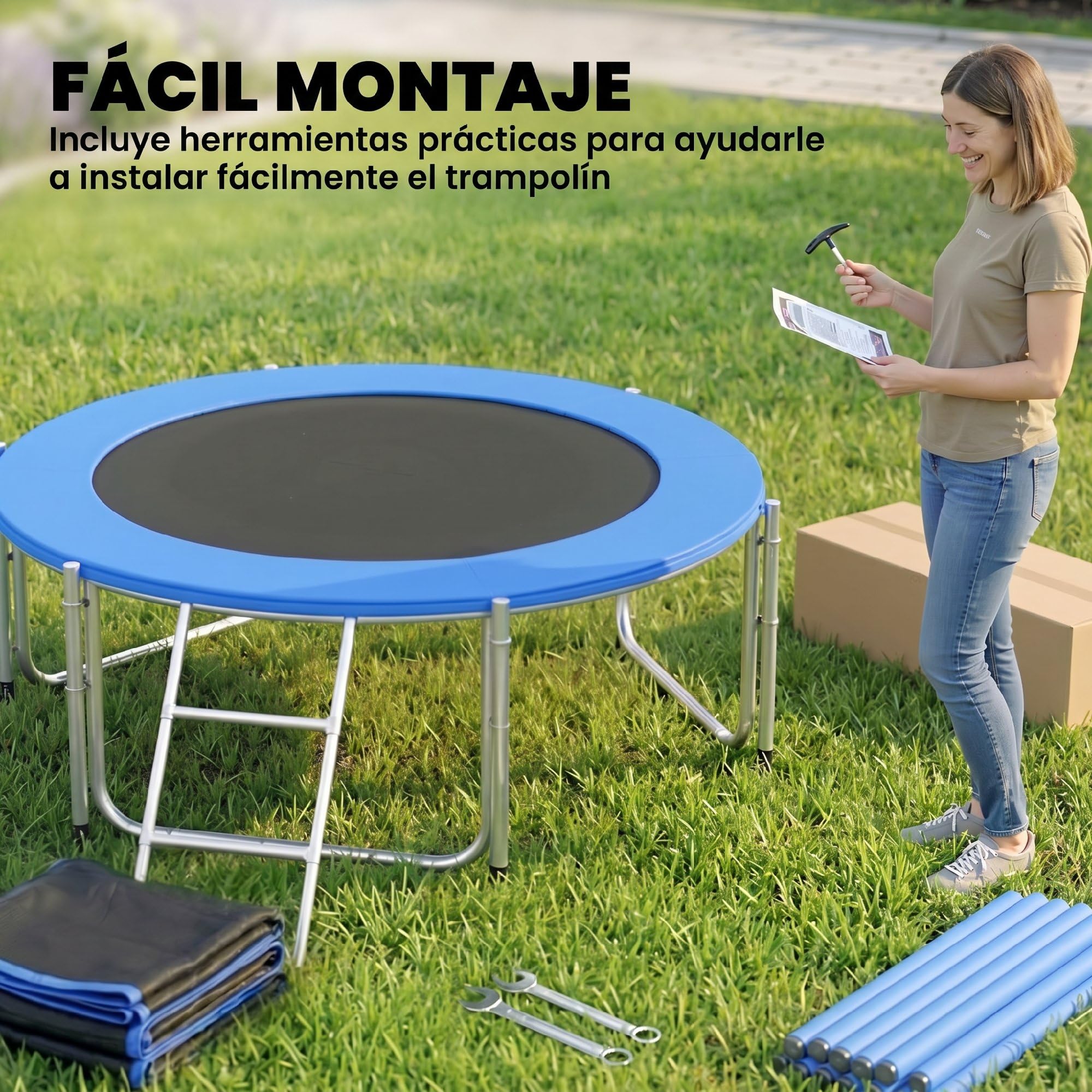 SPORTNOW Cama Elástica para Niños Exterior, Trampolín para Niños de +6 Años con Red de Seguridad, Escalera, Acolchado de Muelles y Marco de Acero Galvanizado