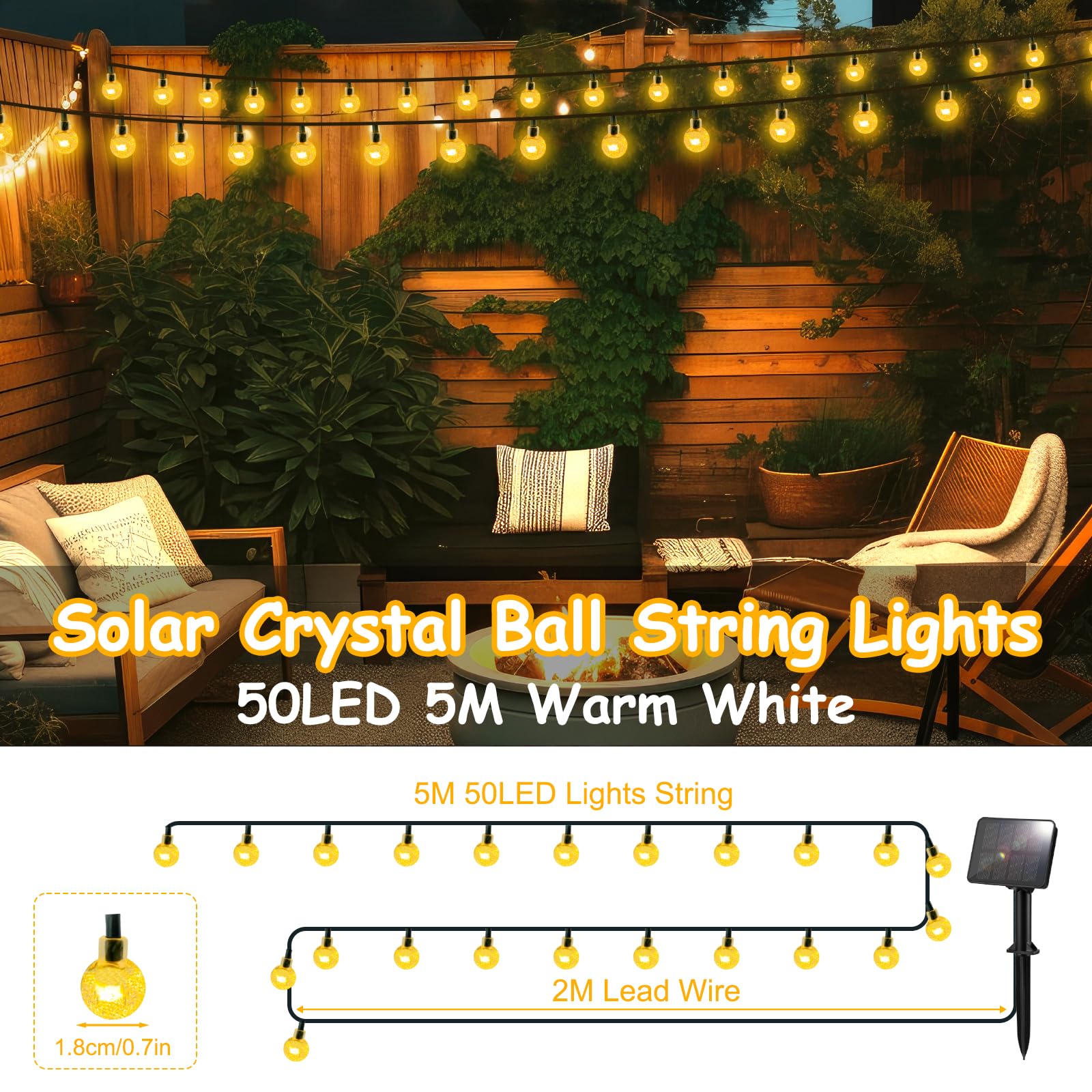 Catena di luci solari per esterni, resistente alle intemperie, 7 m, 50 LED, 8 modalità, luce solare per esterni, per balcone, campeggio, giardino, terrazza, matrimoni, feste, bianco caldo