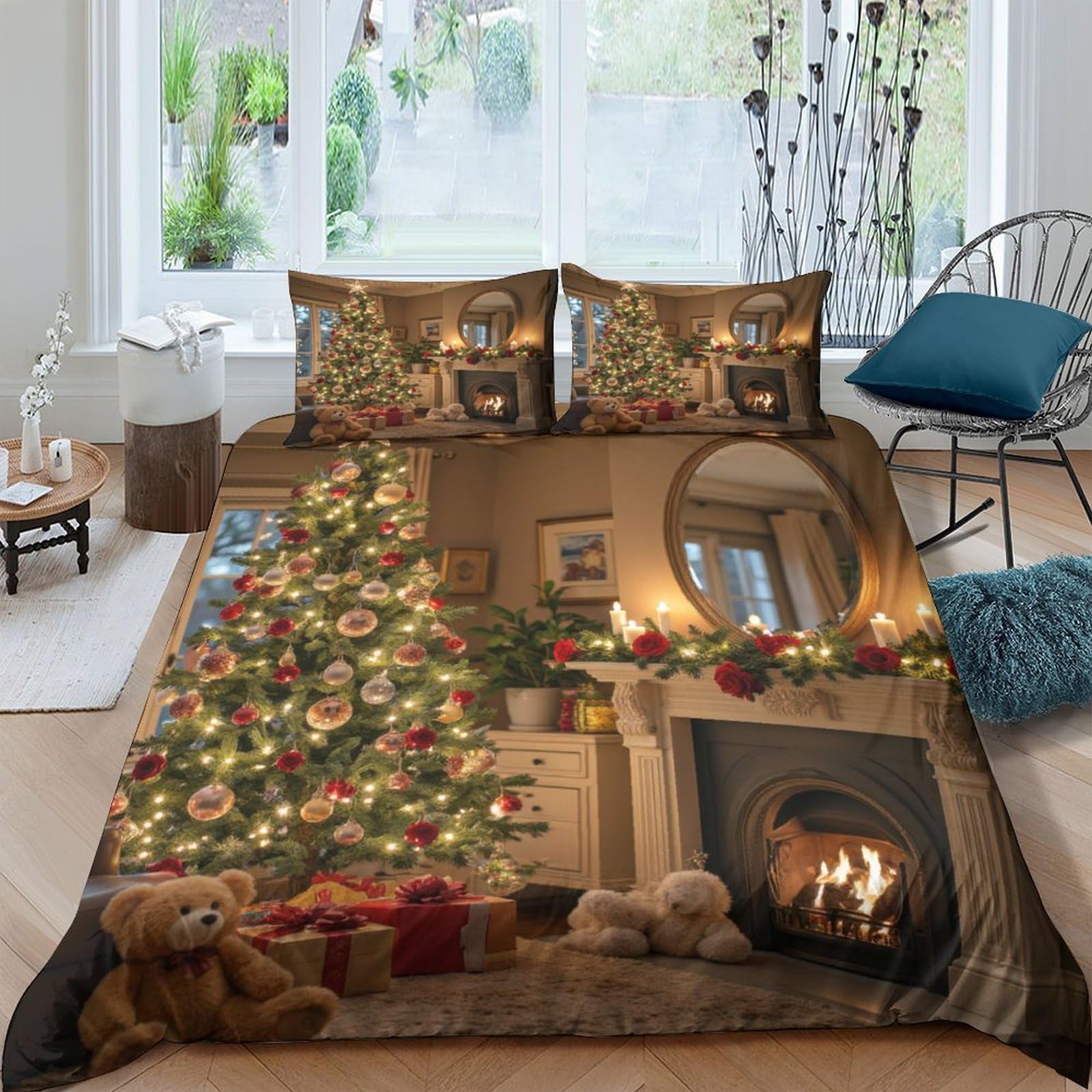 Ctjqhvkz Style-9 3D Printed Christmas Fireplace Fitted Sheet Microfiber Cosy Festive Tree Bed Cover For Home Bedroom Guest Room Decor Single（135X200cm）