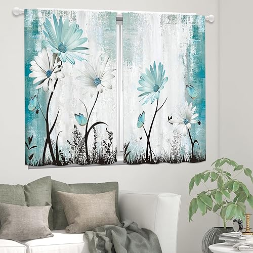 Miniatura 4 de Cortinas rústicas de cocina con margaritas azules y verde azulado, flores blancas, pequeñas, cortas, modernas, para baño, tratamiento de ventanas,