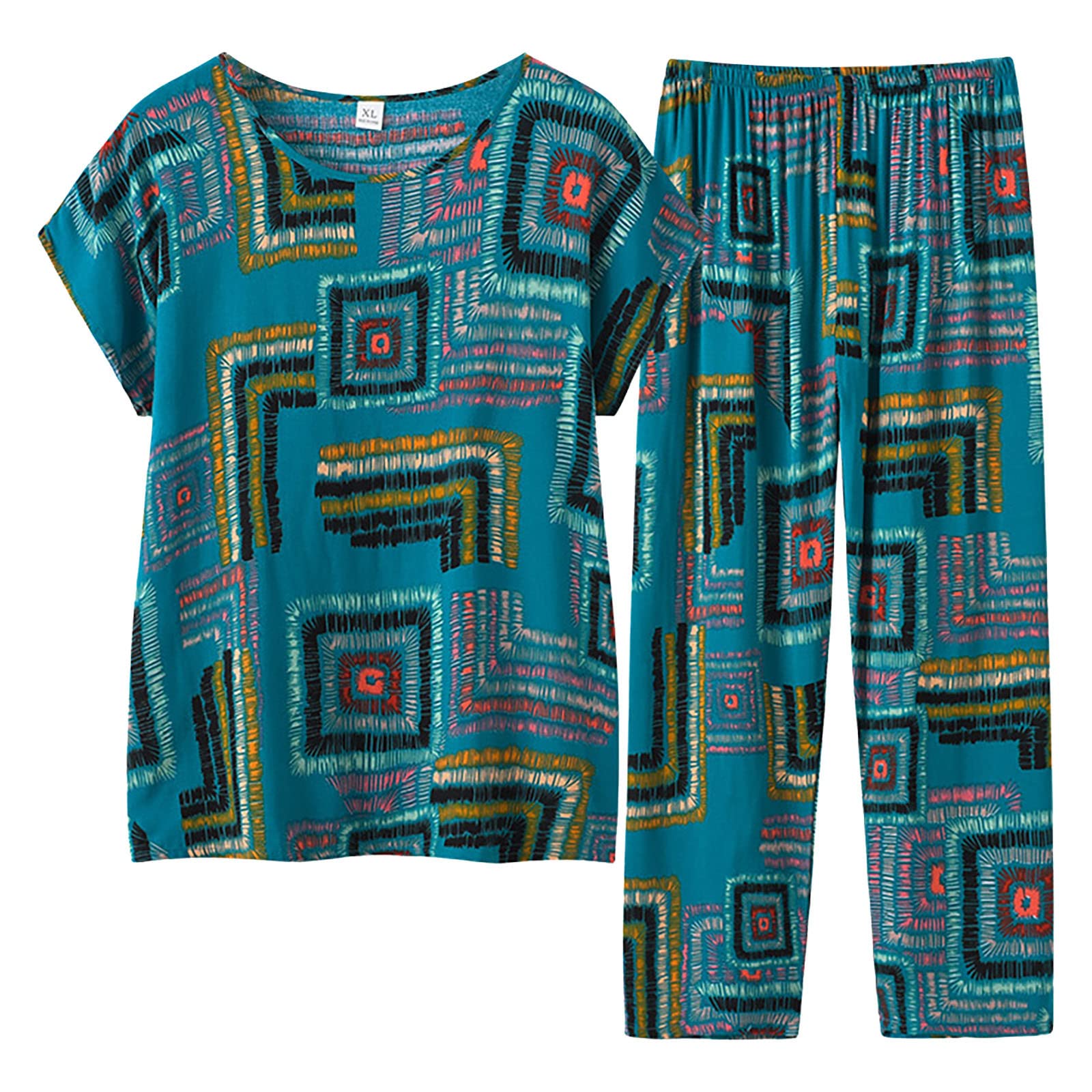 QWUVEDS Traje de verano para personas mayores, estampado floral, madre, manga corta, algodón, seda, ropa de verano para personas mayores, traje de pantalón, juego de dos piezas de punto - 2 piezas - conjunto