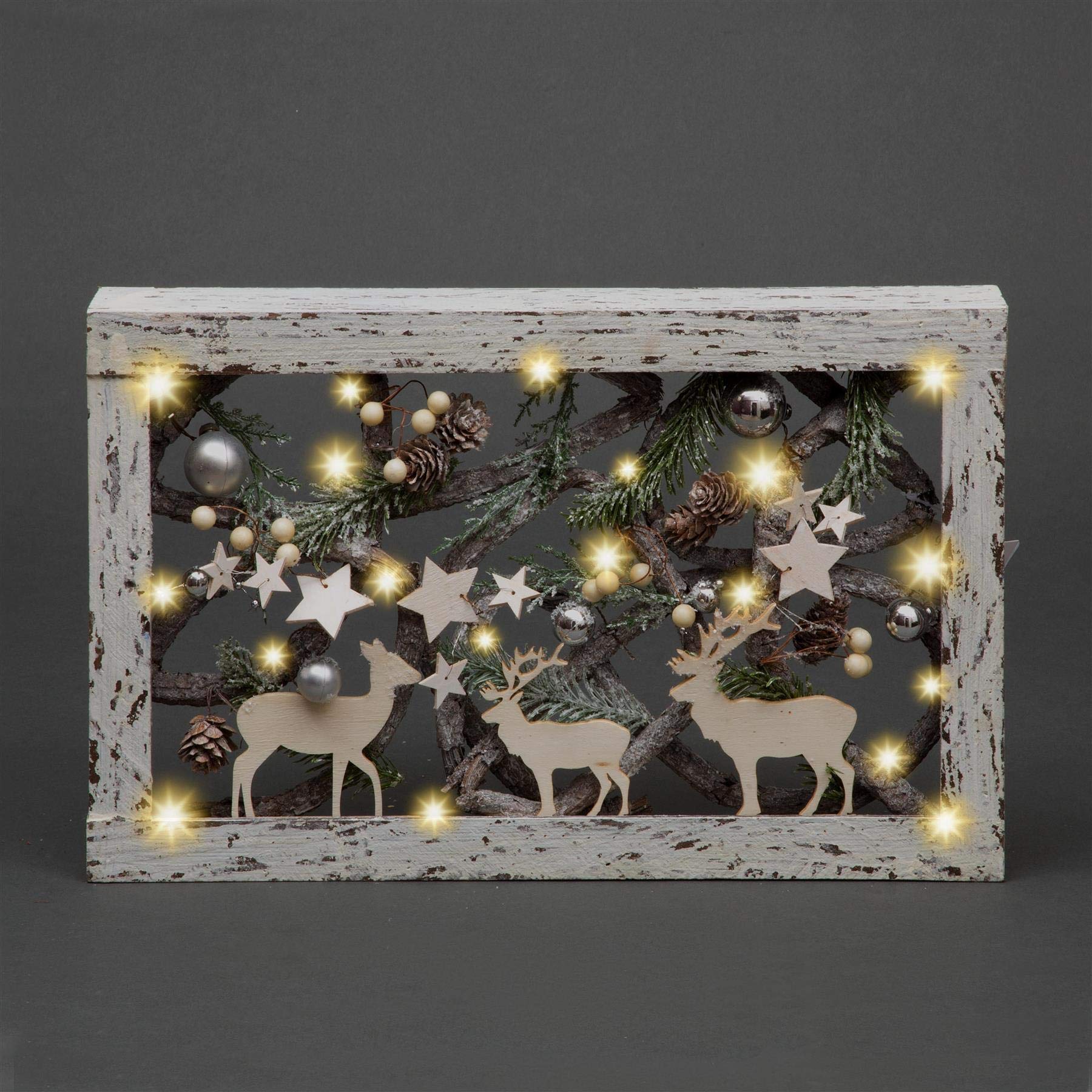 Shatchi Wooden Rectangle 40Cm Christmas Pre-Lit Wooden Warm White Led Rectangular Frame Tabletop Centrepiece Decoration With Pinecones And Baubles Holiday Home Décor