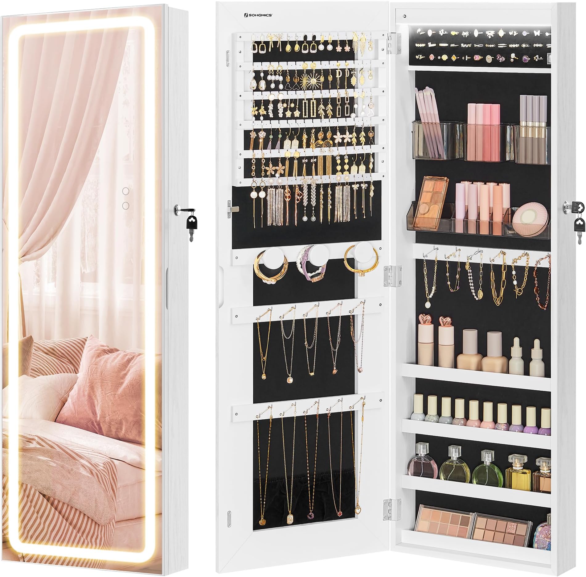 SONGMICS LED Mirror Jewelry Cabinet Armoire, Wall or Door Mounted Jewelry Storage Organizer, Hanging Lockable Frameless Mirror Cabinet with 2 Plastic Cosmetic Organizers, Gift Idea, White UJJC011W01