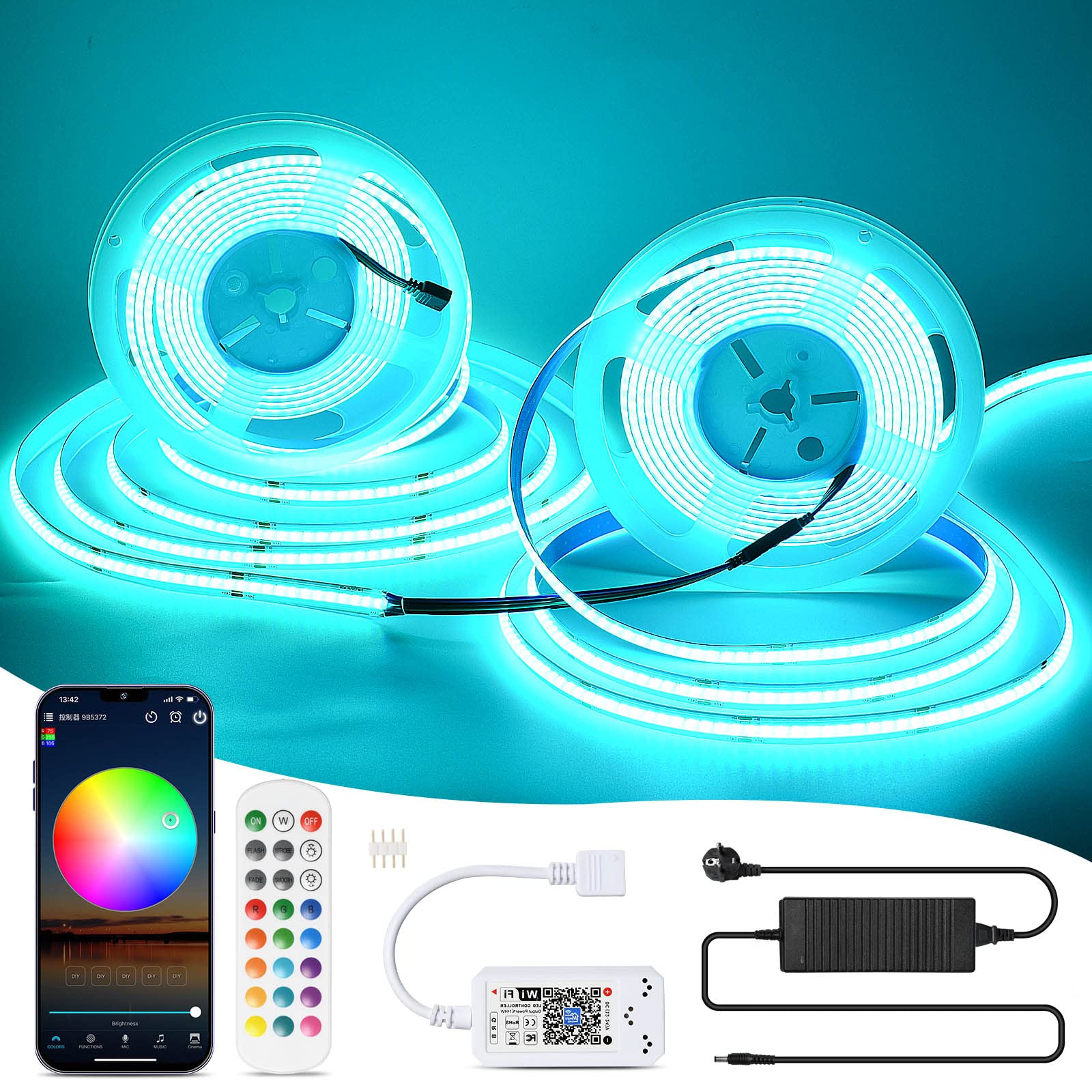 10m WiFi COB RGB LED Strip Light Chain 576led/M 5760leds 24v luz ajustable y deformable LED LIGHT Belt control remoto, Strip Light Belt se puede usar con Google Home Assistant/Alexa