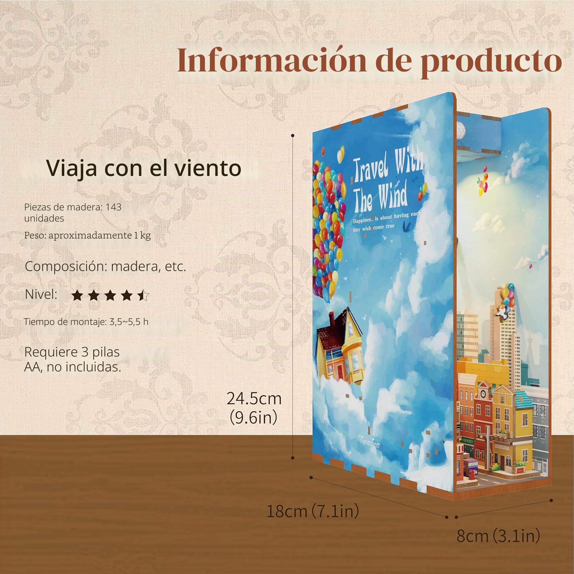 Tonecheer Book Nook Kit DIY Modelo de Montaje 3D Puzzle de Madera para Adultos Construye un Kit de Casa en Miniatura Kit de Manualidades con Luz Regalos Personalizados (Viajando con el Viento)