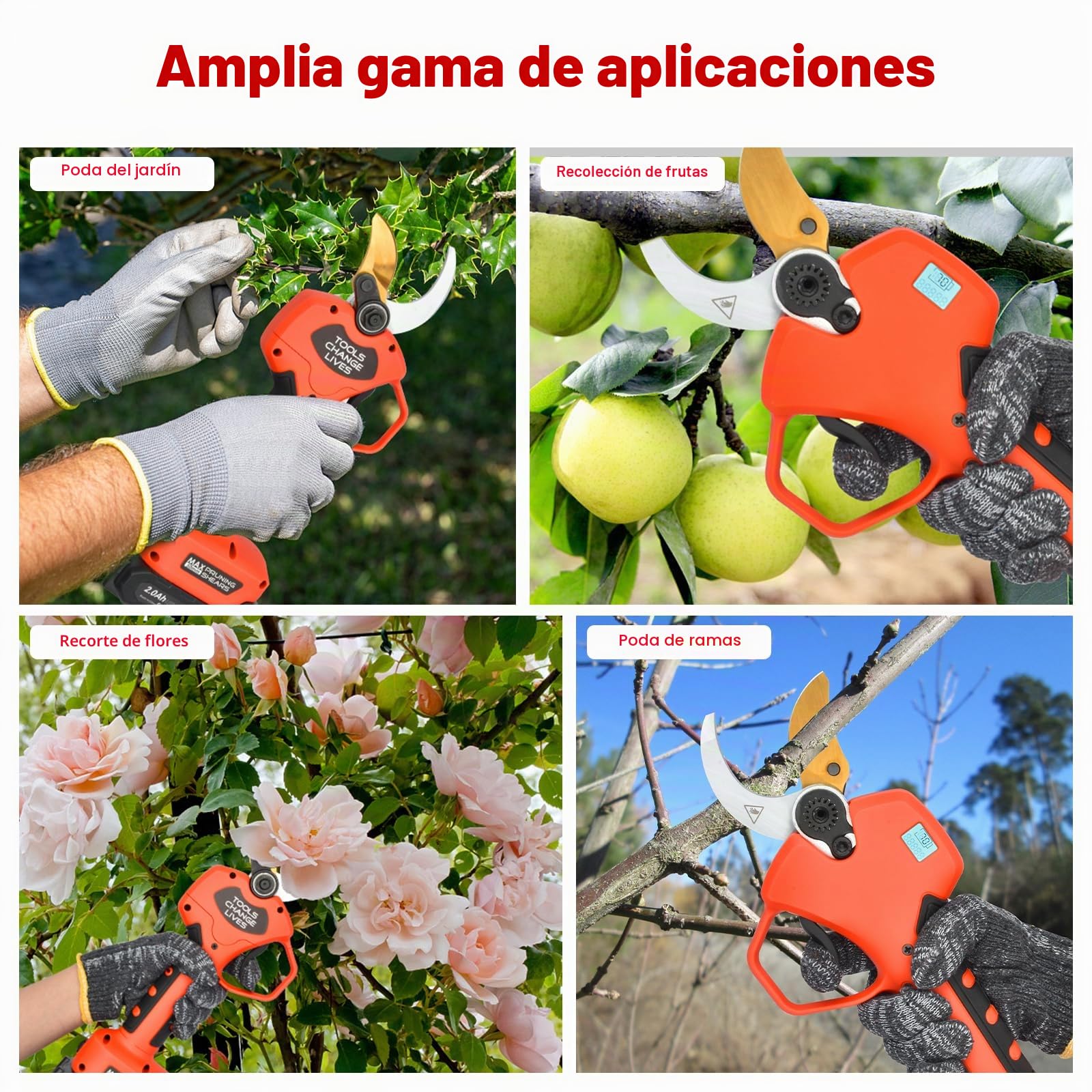 Tijeras de Podar Eléctricas, 50mm Tijeras De Podar Bateria con Display, Baterías 2x2000mAh, Tijera Podar Profesionales 800W con Motor Brushless para Jardinería, Árboles Frutales, Viñedos