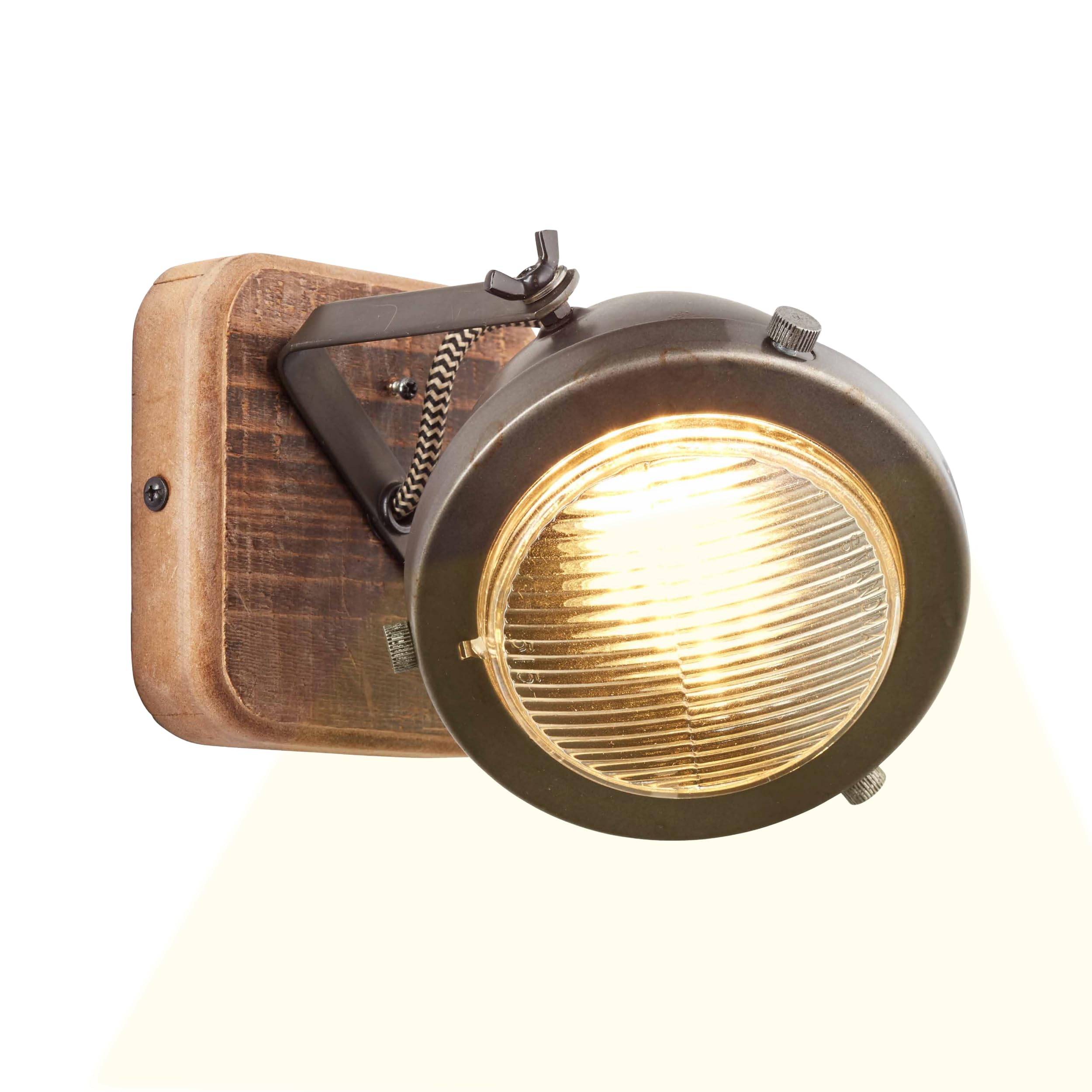Lightbox rustikaler Wandstrahler mit ausgefallenem Retro Design | 12 x 12cm | Stylischer Wandspot für schönes Flair im Eingangsbereich | Material: Metall/Kiefernholz | Farbe: Braun/Stahlfarben