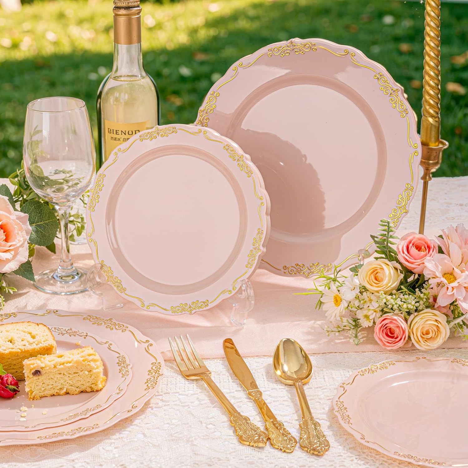 DaYammi 150Pcs Pink Plastic Plates with Gold Rimmed & Gold Silverware,Pink Disposable Plates for Party Include 30 Dinner Plate,30 Dessert Plate,30 Knives,30 Forks,30 Spoons for Mother's Day Party - Image 2