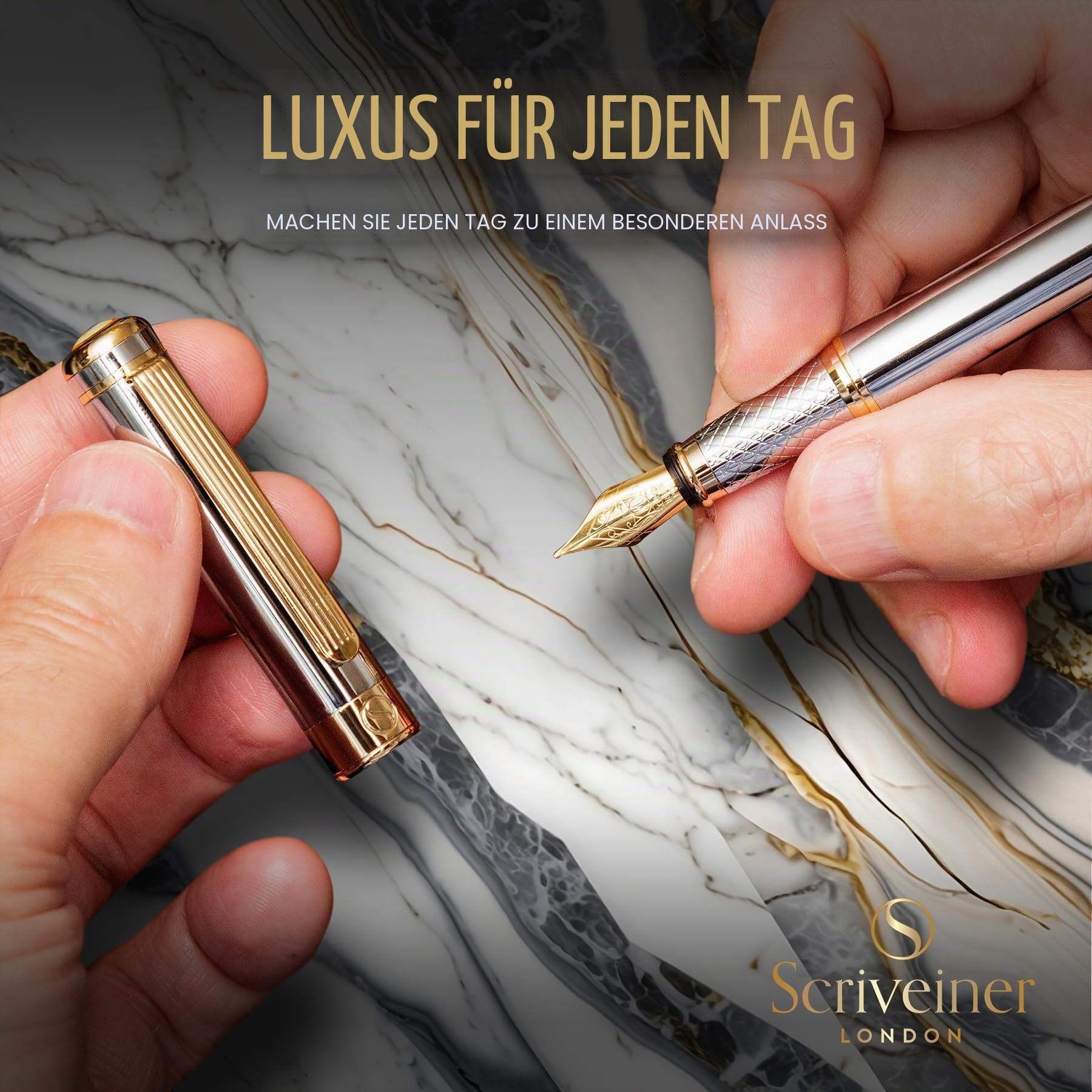Scriveiner Silber Füllfederhalter Füller Edel mit Echtgold-Finish, Schmidt vergoldete Feder (mittel), Bestes Geschenk für Herren und Damen, Manager, Führungskräfte (Silber Chrom)