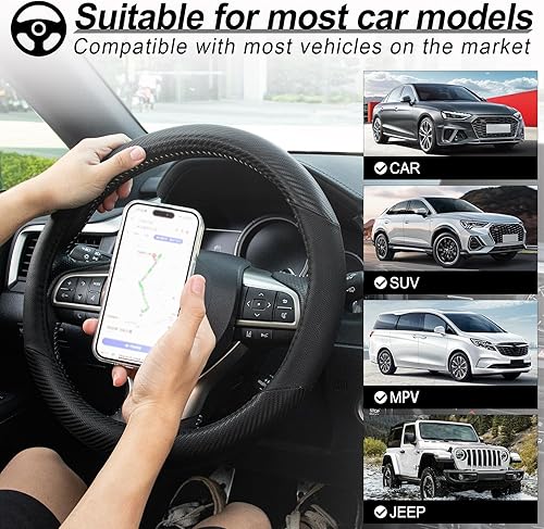 Miniatura 5 de BJSIA Funda de volante de fibra de automóvil, funda de cuero de microfibra para volante para hombres, protector universal para volante de automóvil