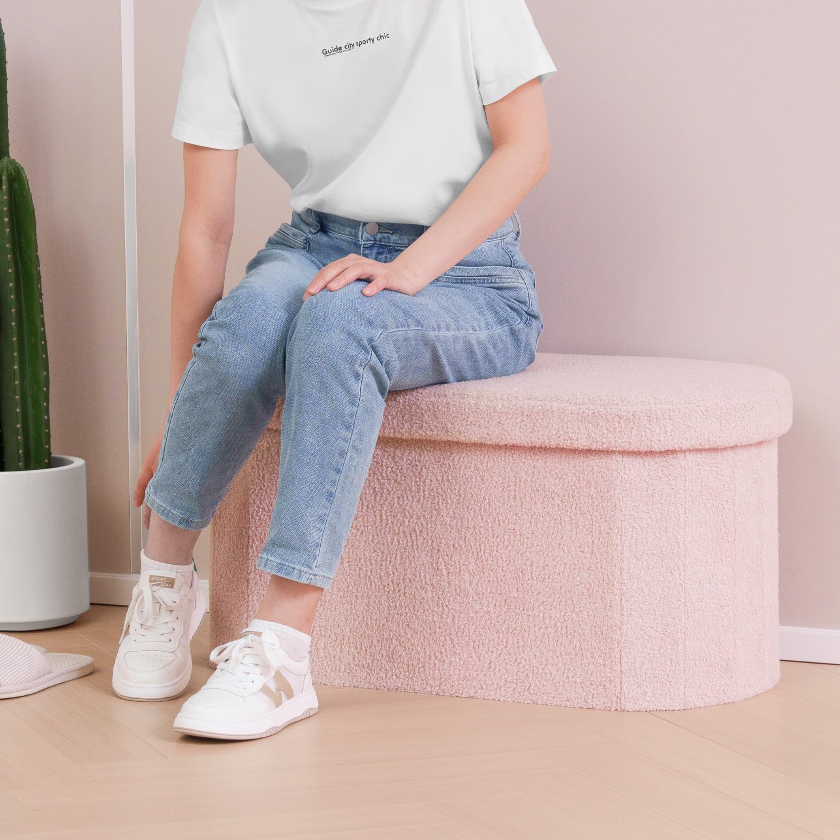Bonlife Baúl Plegable,Puff Almacenaje, Taburete Reposapiés,Banco pie de Cama, para Sala de Estar, Dormitorio, Entrada, Rosa, Forma Ovalada,76x38x38 cm