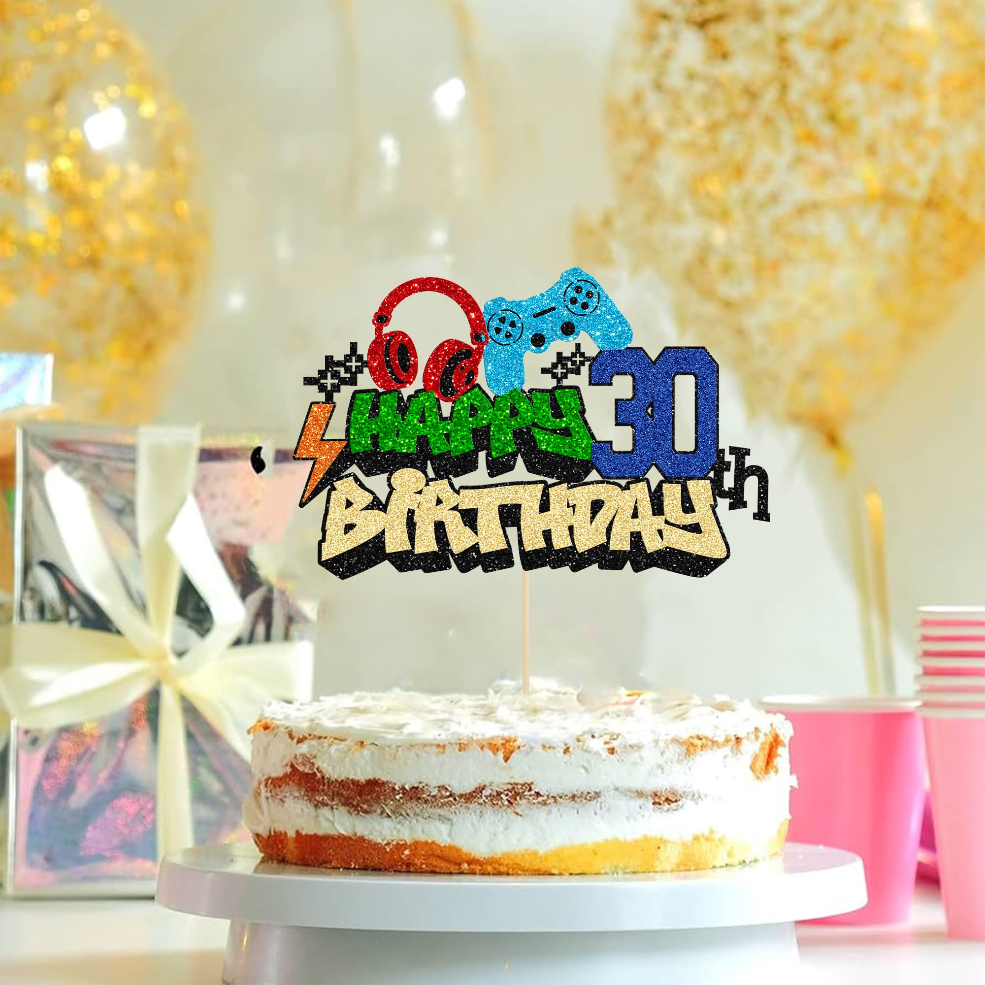 Gyufise 1Pcs Happy 30th Birthday Cake Topper Glitter Video Game Cake Pick Game On Controllers Eighteen Cheers to 18 Years Cake Decoration for Game Theme Happy 30th Birthday Party Supplies 3