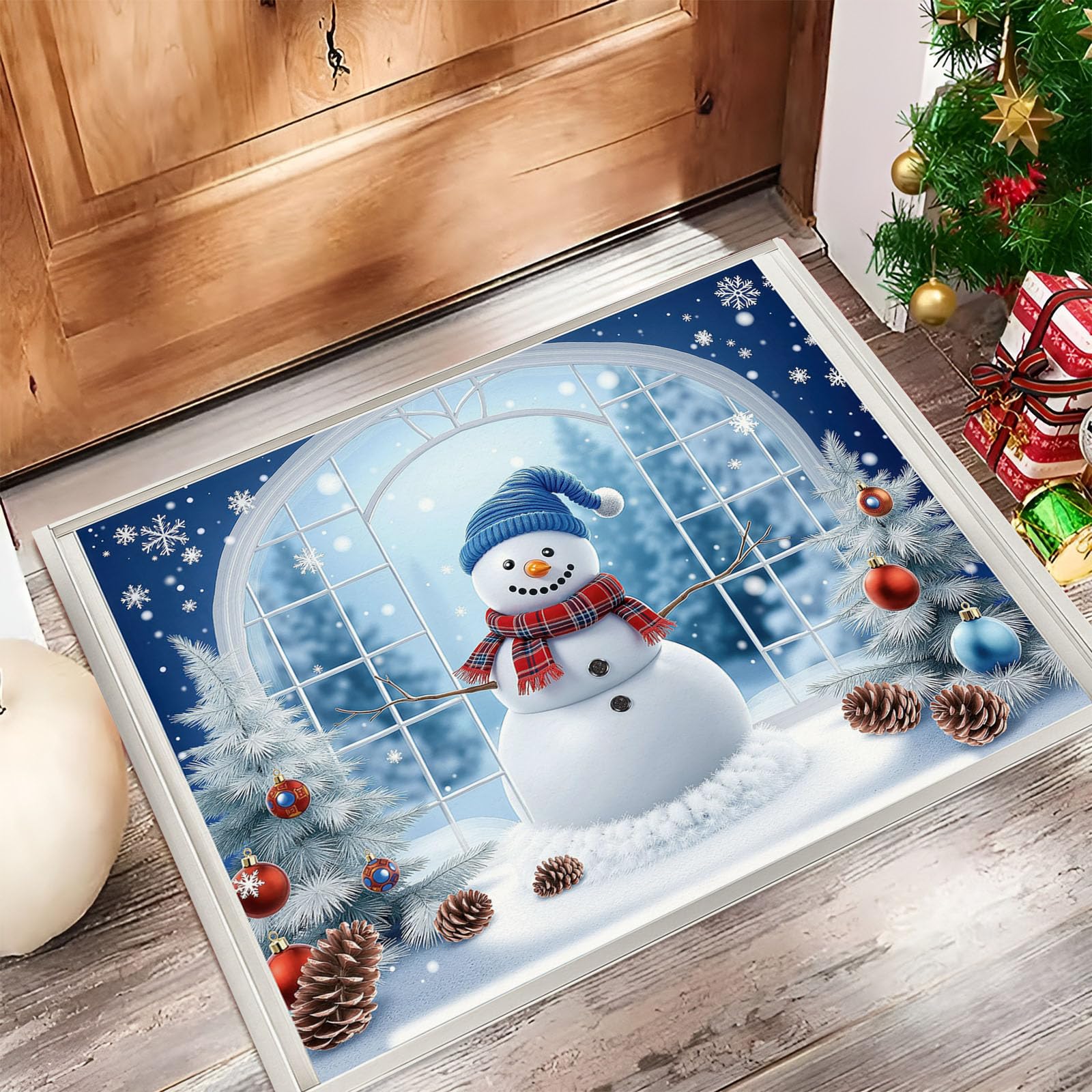 Muñeco Nieve Navideño Árbol Navidad Alfombras Antideslizante, Dibujos Animados Navideños Felpudo para Salón Dormitorio Hogar & Sala de Juegos, Azul Alfombra para Decoración Hogareña, 80 x 120 cm