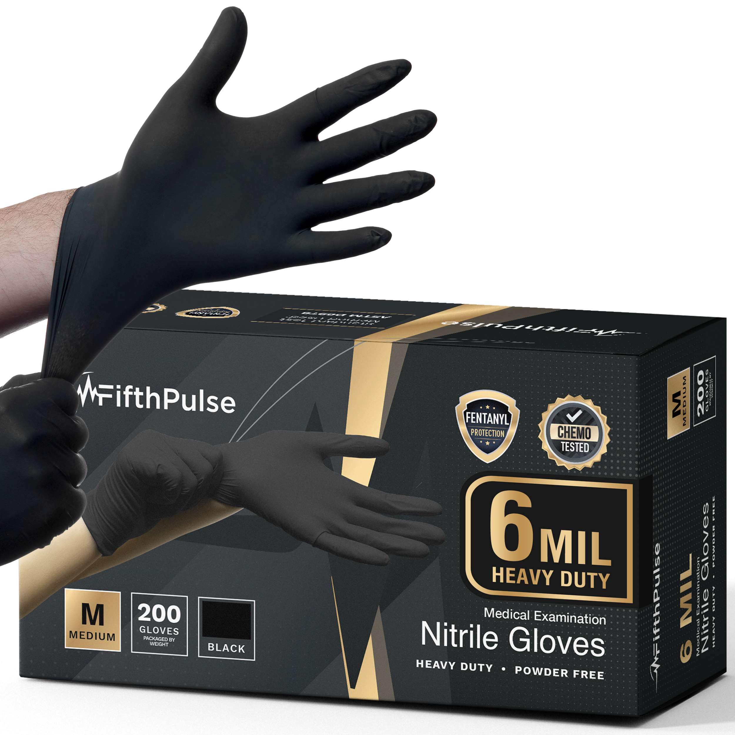 FifthPulse 6 Mil Black Nitrile Gloves, Heavy Duty Mechanic and Food Grade Glove - Powder-Free, Latex-Free Medical Exam Gloves