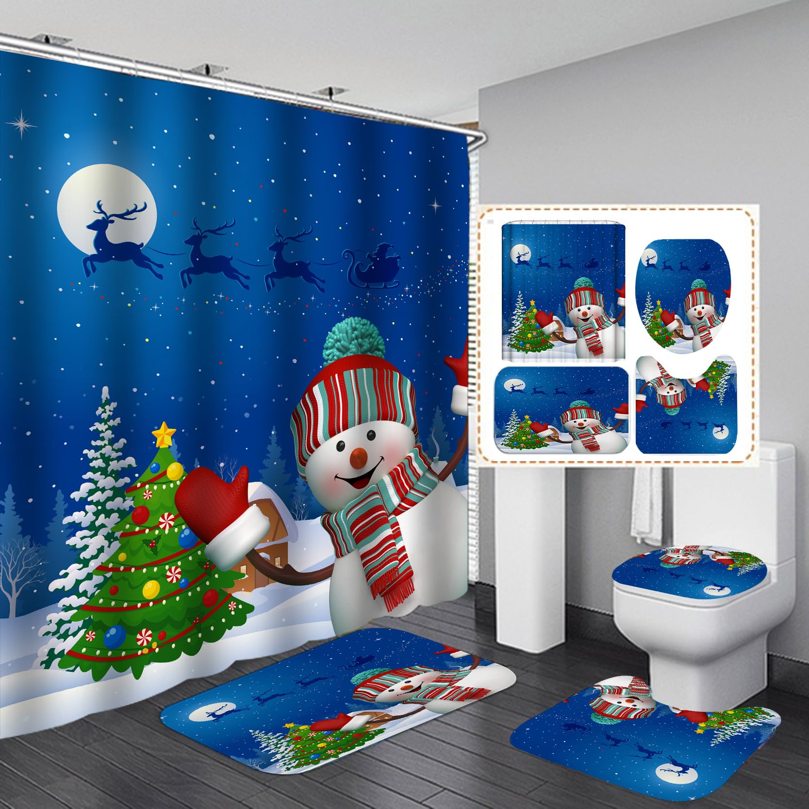 Christmas Shower Curtain Sets for Bathroom, 4Pcs Xmas