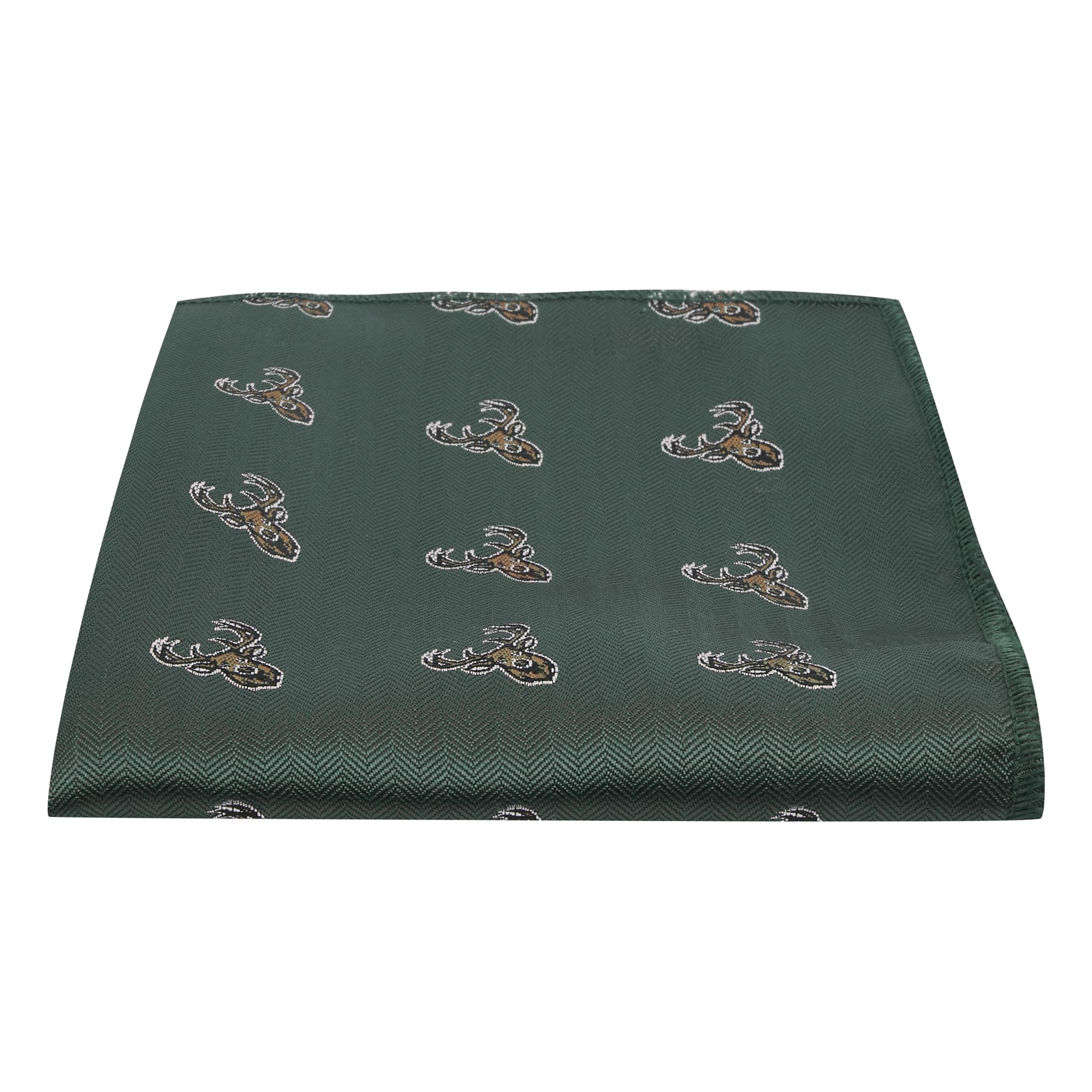 Dark Green Herringbone Embroidered Stag Head Pocket Square, Handkerchief