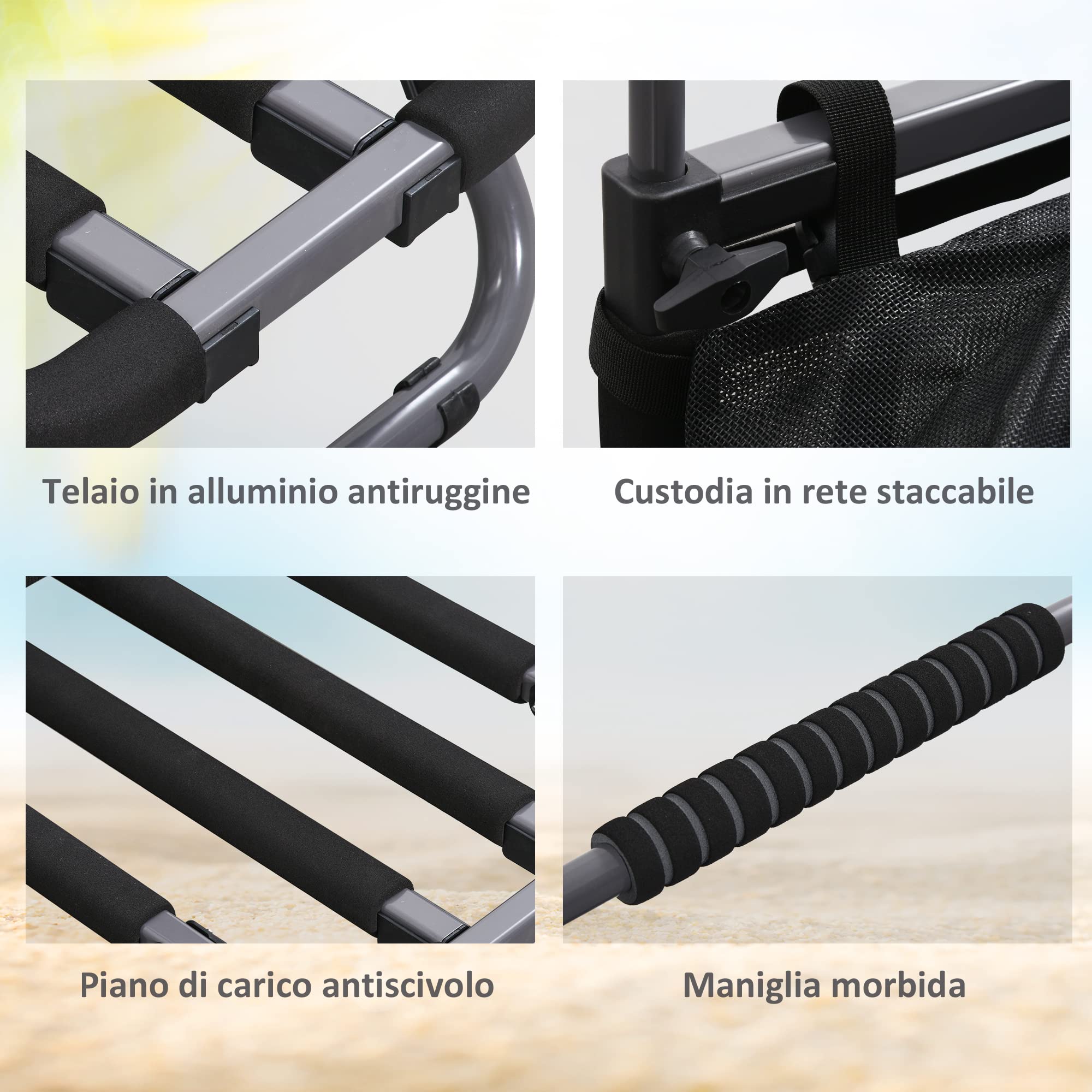 SPORTNOW Carrello da Spiaggia Pieghevole in Alluminio e PU con Tasca in Rete, Manico Telescopico e Cavalletto, 82x67x81 cm, Multicolore