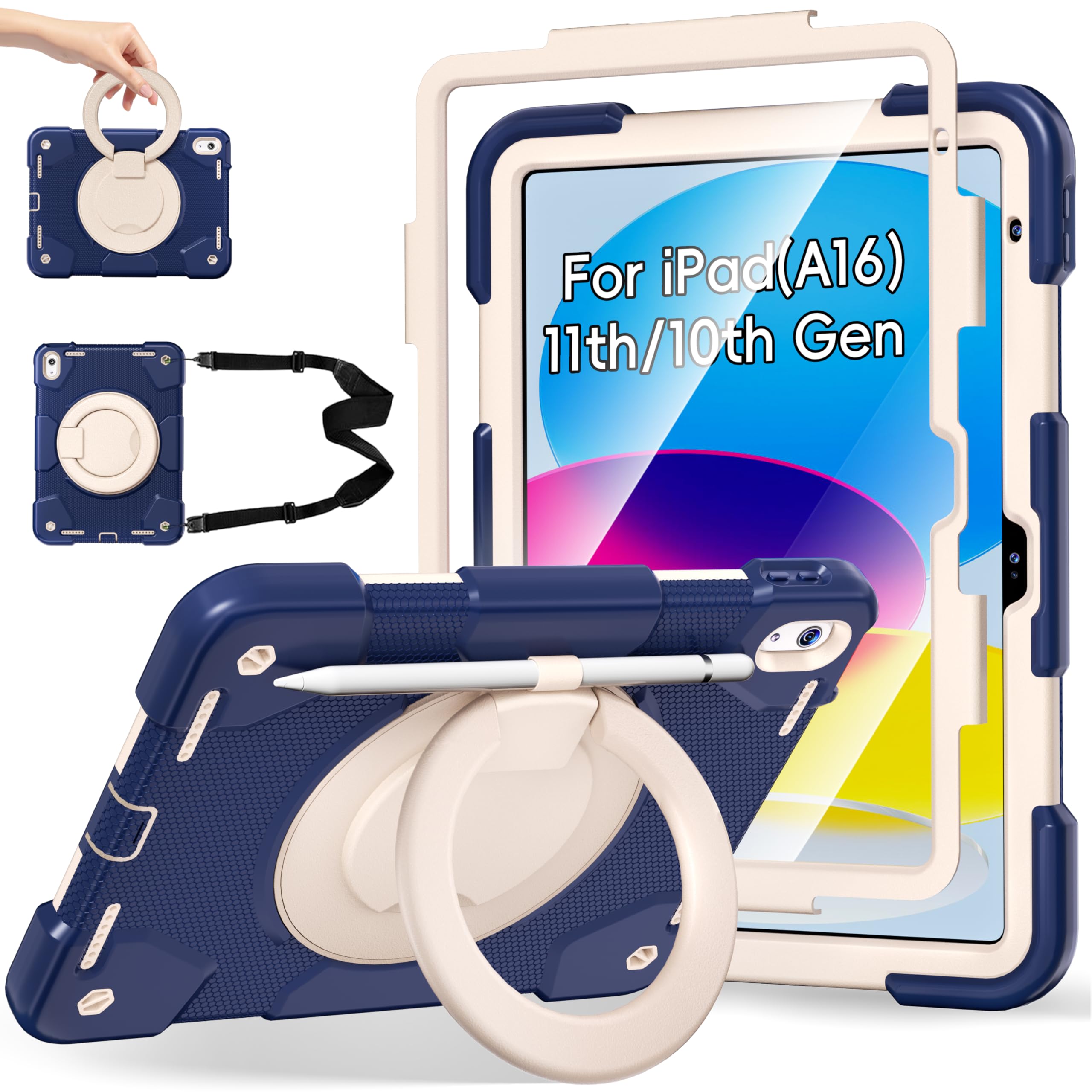 Andnary Case for iPad (A16) 11th /10th Generation 11/10.9 Inch 2025/2022 with Screen Protector/360° Rotate Stand/Shoulder Strap/Pencil Holder,