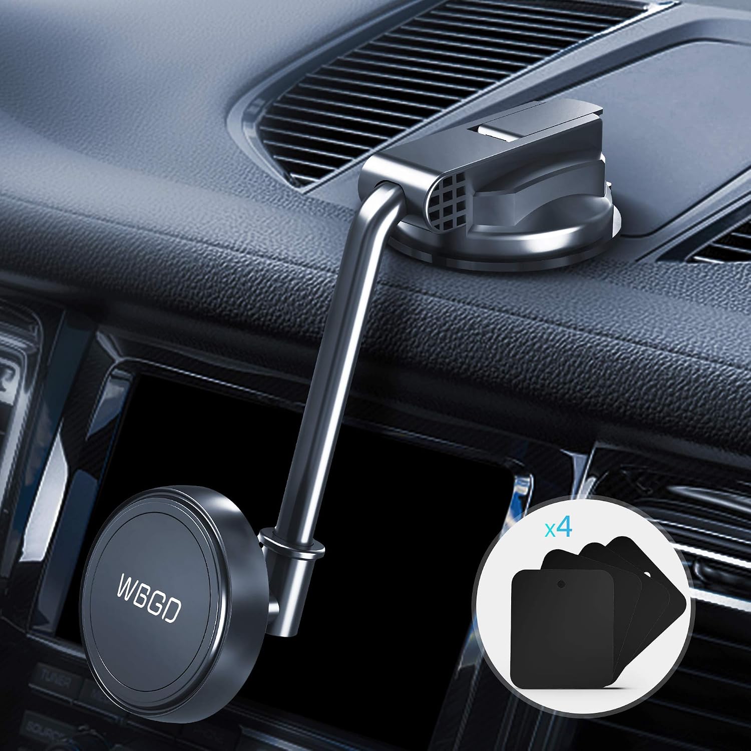 Universal Magnetic Phone Car Mount with 4 Powerful Metal Plates, Super Sticky Suction Cup, Cell Phone Holder for Car Dashboard Windshield Air Vent, Compatible with All Phone