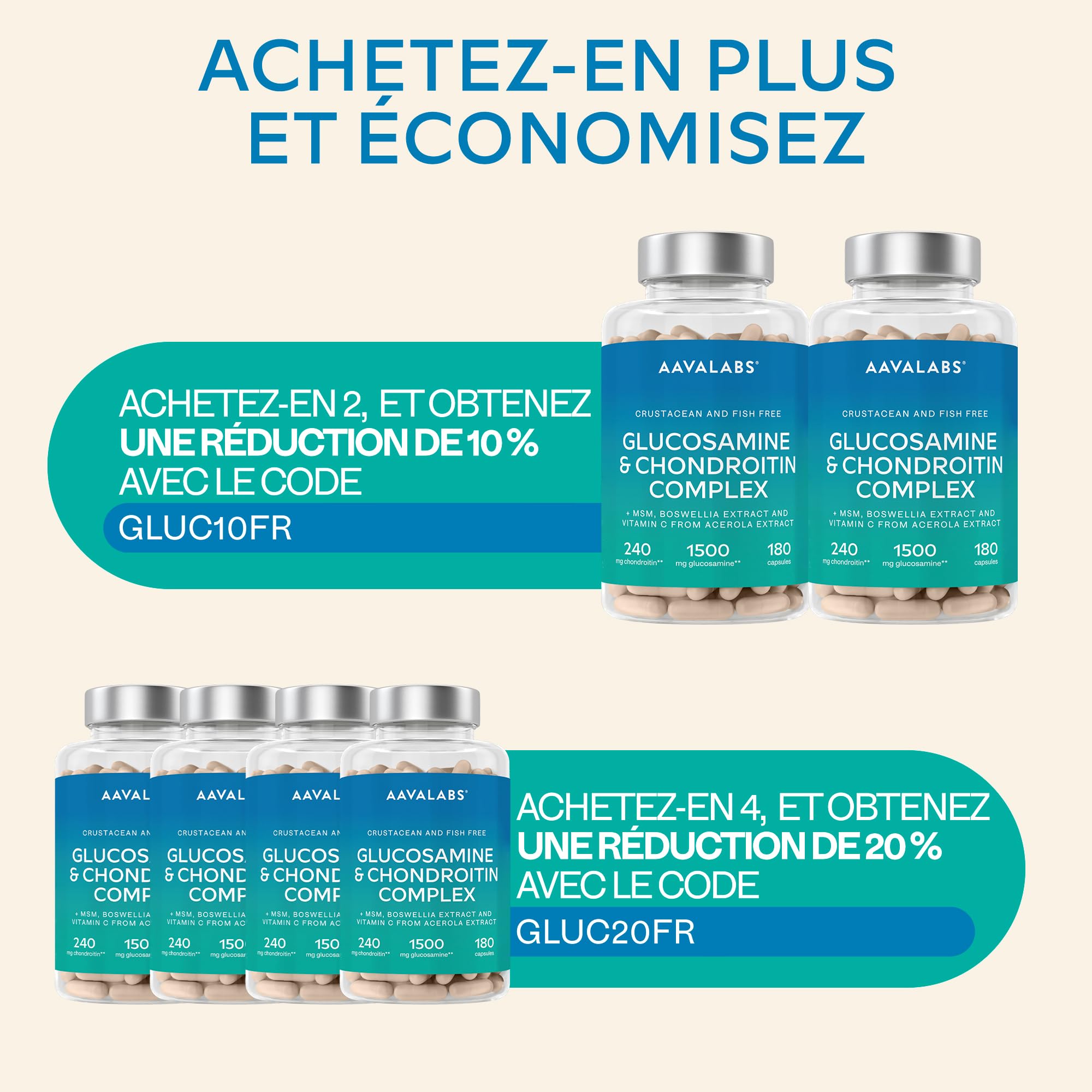 Glucosamine Chondroïtine MSM Vitamin C Acerola Boswellia Serrata - Glucosamine 1500mg Complément Alimentaire pour les Os, Cartilages et le Système Immunitaire - Glucosamine Chondroitin MSM Gelules 180