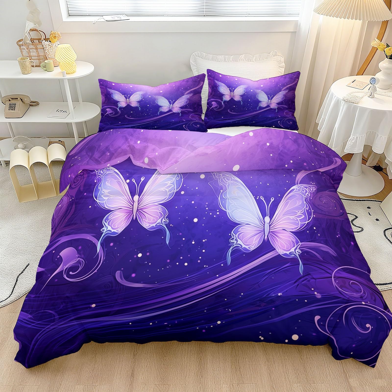 Housse de couette 200x200 papillons violet Onirique parure de lit en microfibre pour adulte