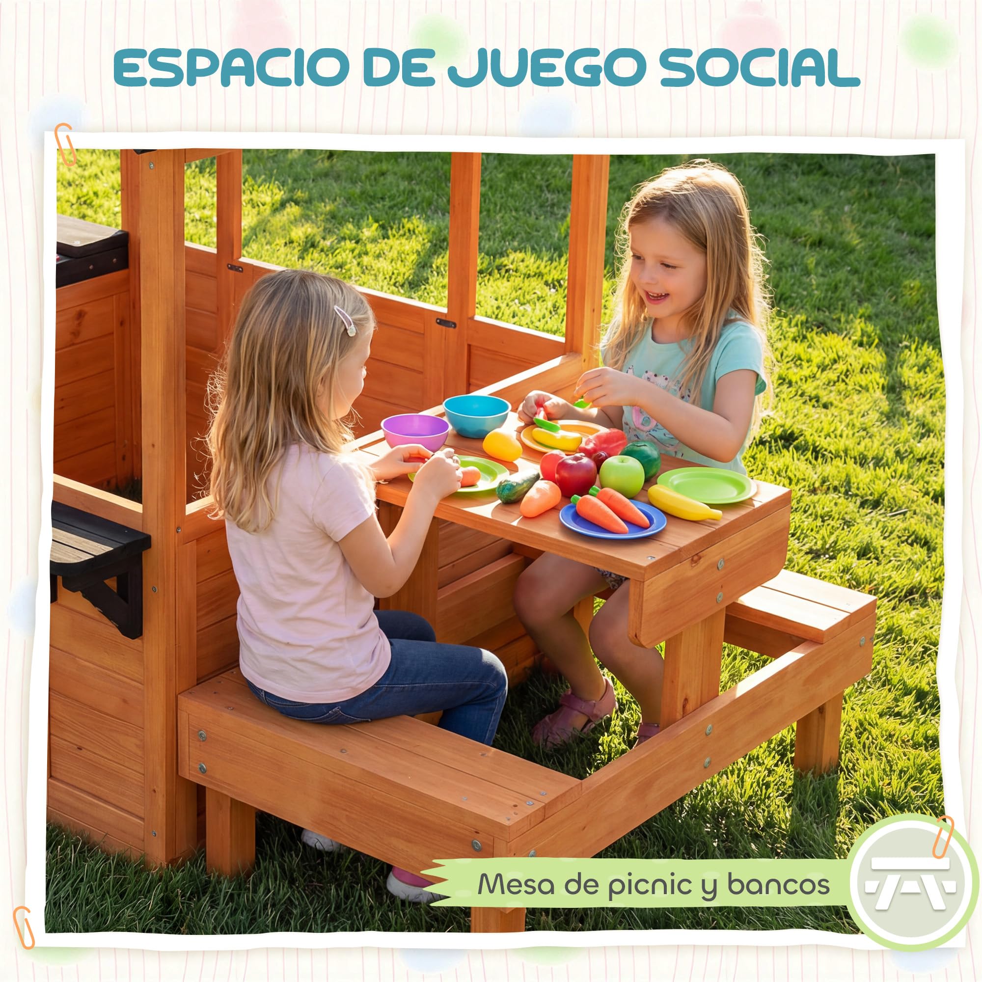 AIYAPLAY Casita Infantil Exterior e Interior de Madera, Casita Infantil con Barra de Snack, Mesa de Picnic y Bancos, Fregadero, Maceteros, Ventanas, Cocina Juguetes para Niños 3-8 Años, Marrón Claro