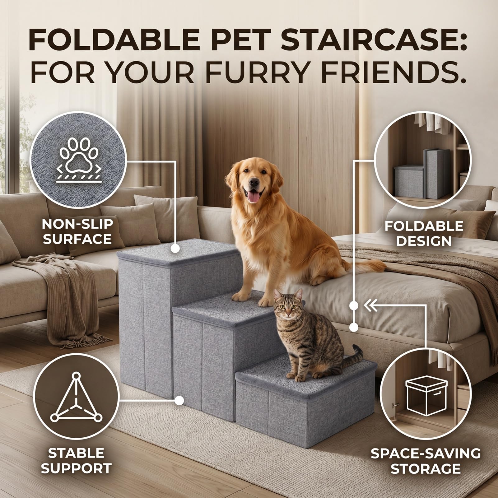 Scale per Cani 3 Gradini Pieghevoli Antiscivolo Grigio per Cani | Scaletta per Animali Domestici, Tessuto in Poliestere, Telaio Solido, Superficie Antiscivolo, Accesso a Letto e Divano, per