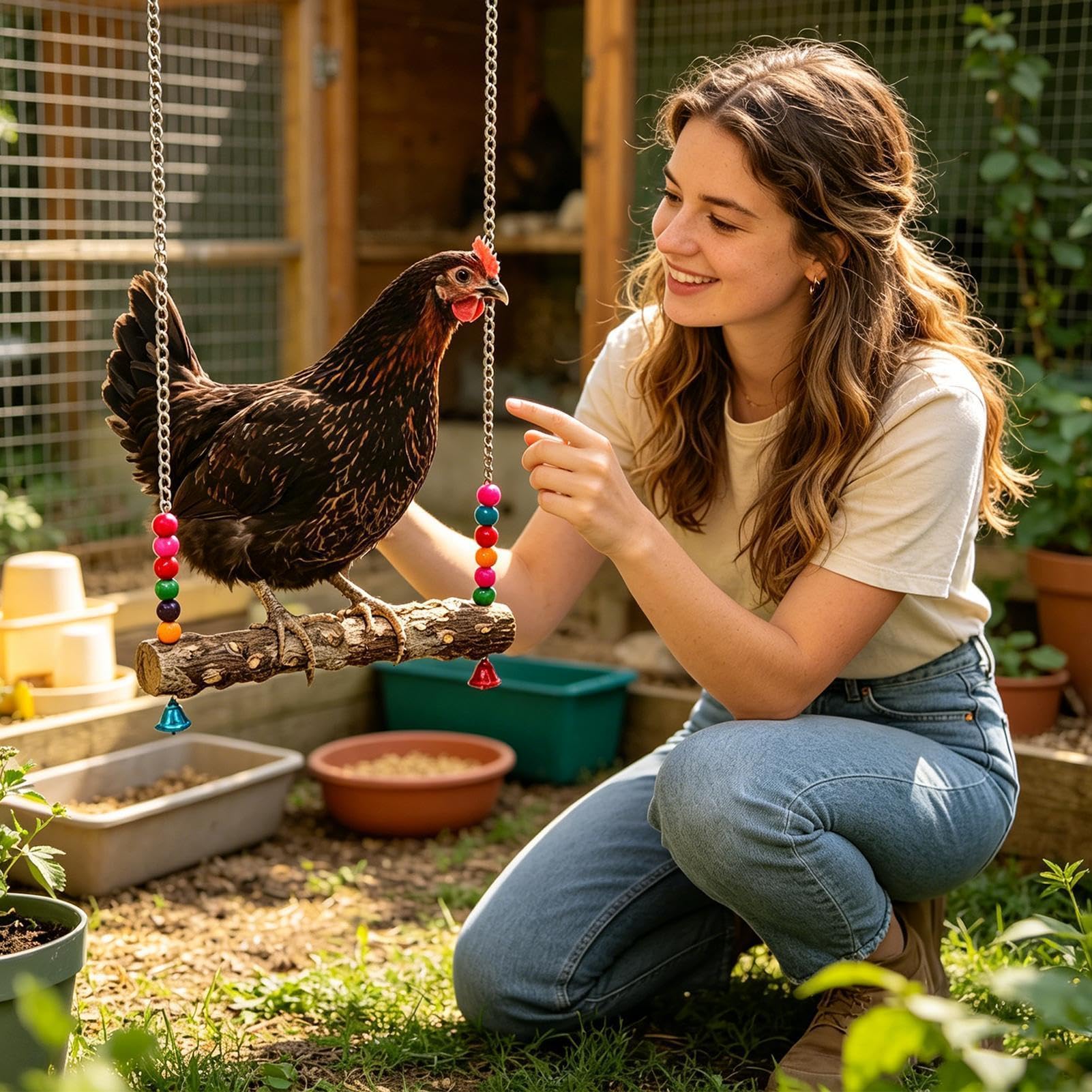 Altalena per polli da pollaio,Giochi in Legno con Campanelle - Giocattoli Per Gabbia E Pollaio Per Galline - per Arrampicarsi e Masticare Galli Pappagalli Polli Gabbia Recinto Giardino da Esterno