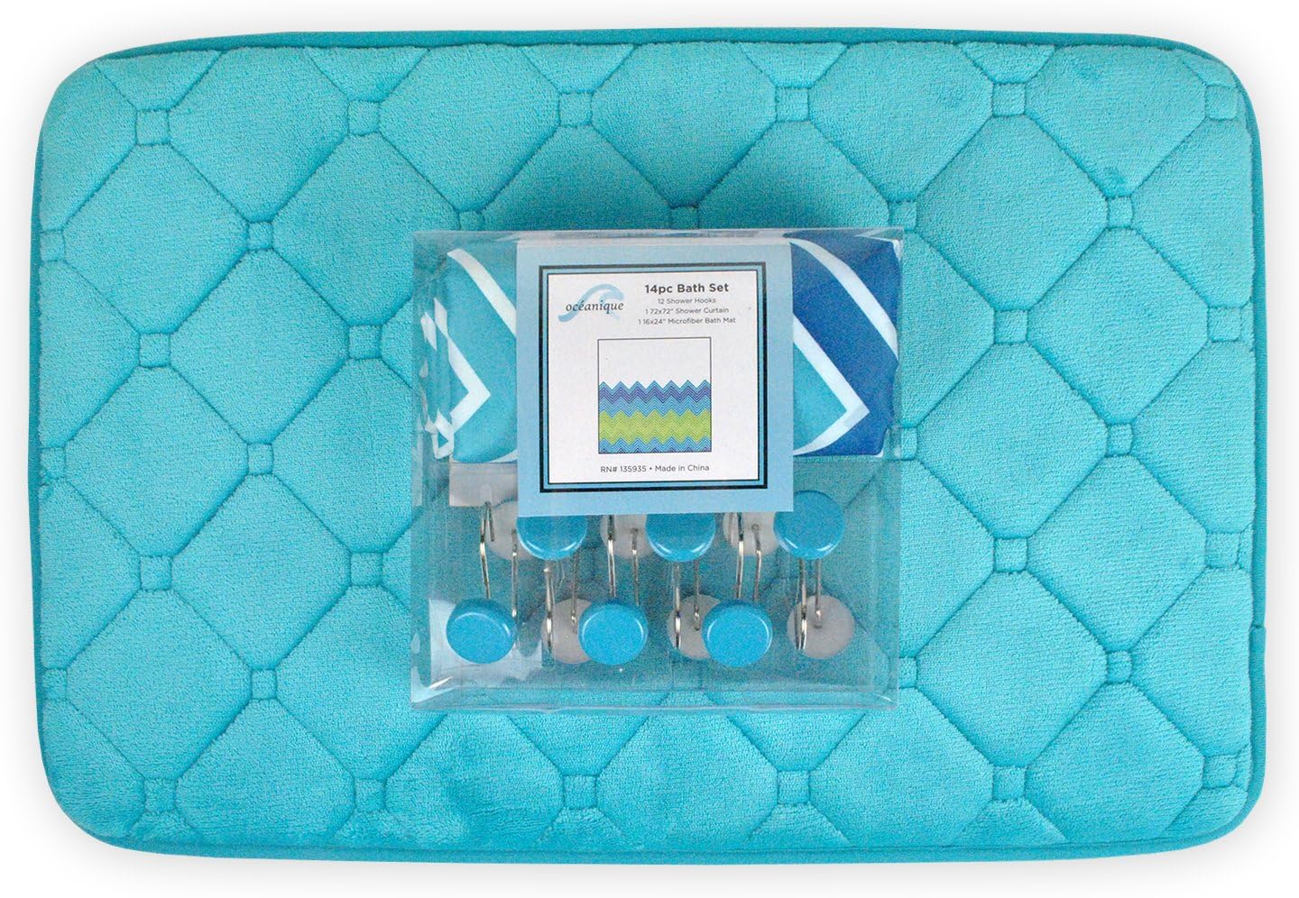 DII Shower 3-Piece Bathroom Set, Includes 72x72 Shower Curtain, 12 Shower Hooks, and 1 Bath Rug, Blue Chevron
