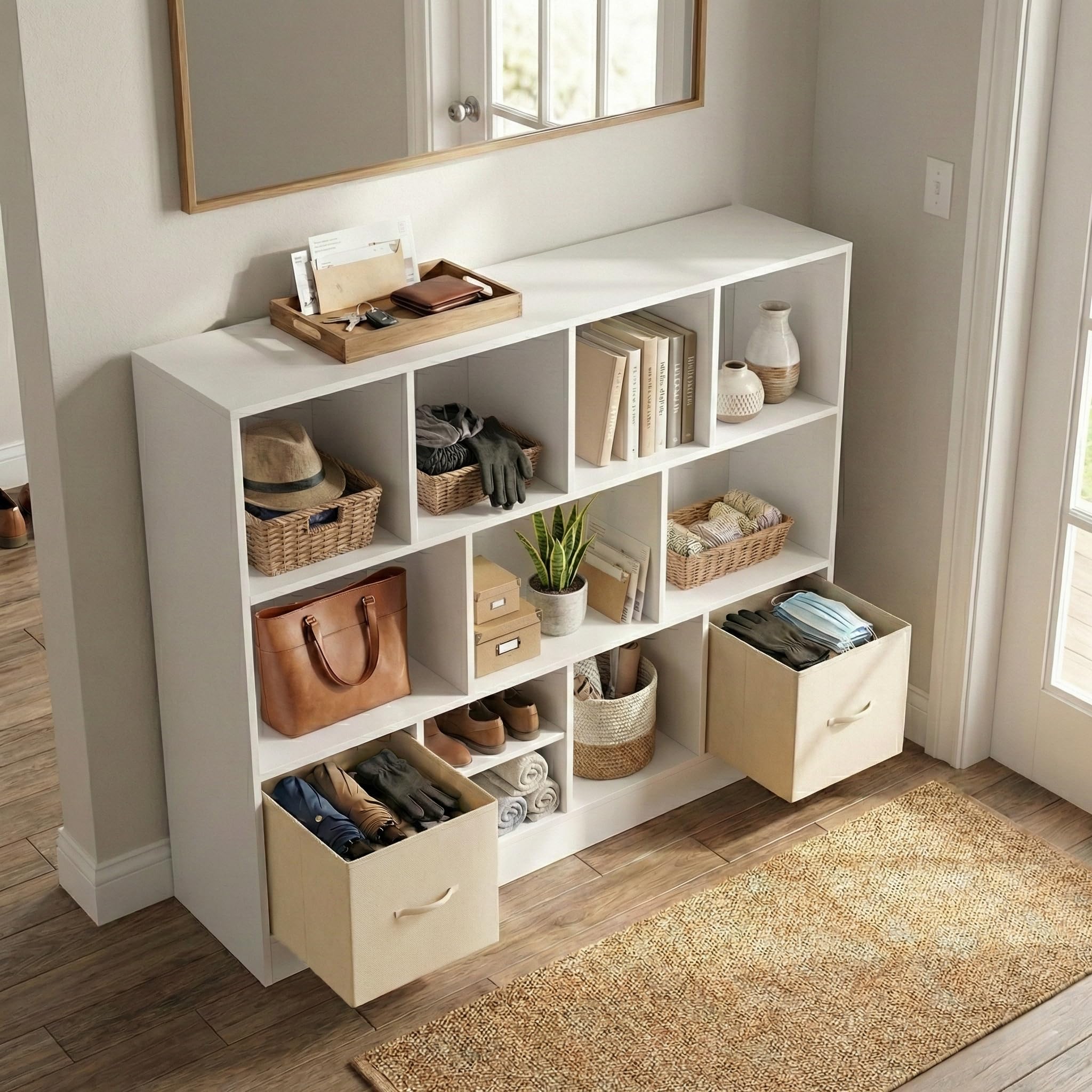 Bücherregal,Kleines Regal Bücher Holz,Kinder Raumteiler Regal Schrank mit 2 schubladen aus Vliesstoff 11 Fächern und lichtleiste,für Wohnzimmer Schlafzimmer Kinderzimmer Büro,Weiß,126x30x100cm