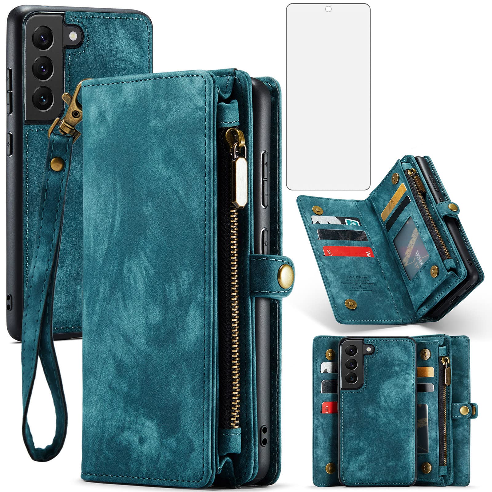 Asuwish Phone Case for Samsung Galaxy S21 FE Gaxaly S 21 FE 5G Zipper Wallet Cover with Tempered Glass Screen Protector and Flip Card Holder Cell Accessories Glaxay S21FE5G UW S21FE 21S G5 Women Blue-image-40