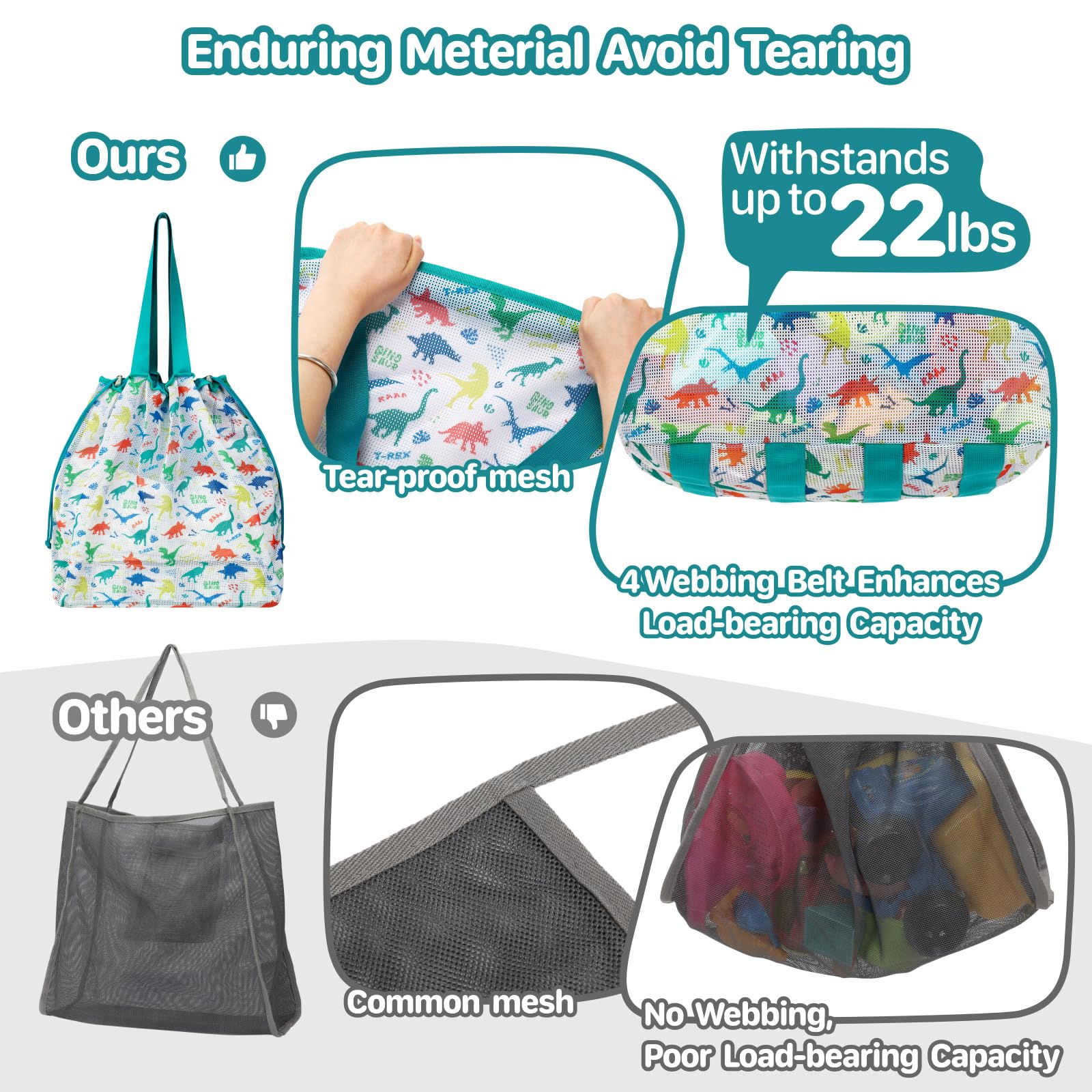 Bolsa de juguetes de playa extra grande con cordón, bolsa de malla plegable ligera para juguetes de arena, verde dinosaurio