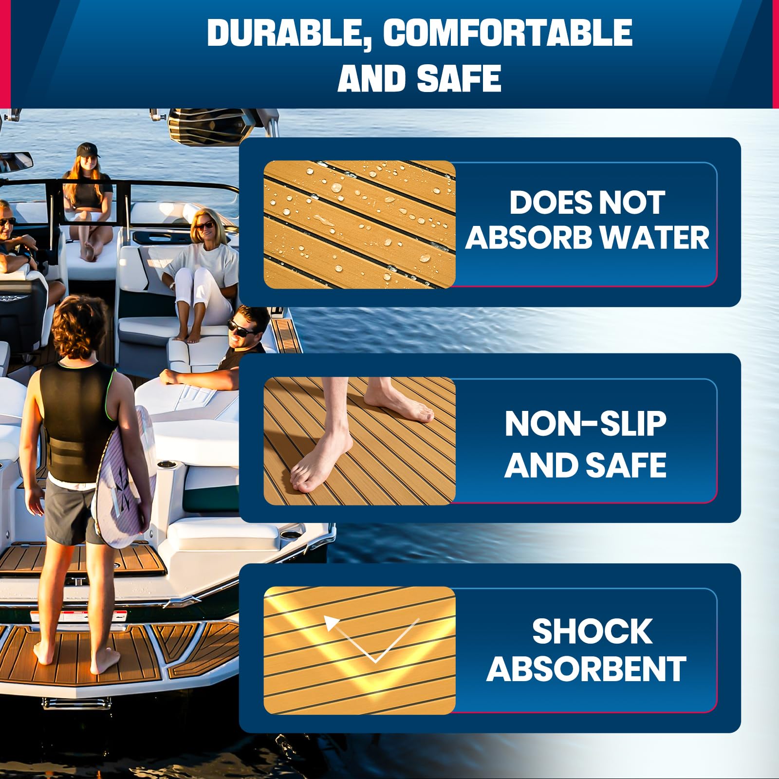 Eva Bootsbelag, Selbstklebender Eva Schaum Boot bodenbelag, Rutschfester Teak Bootsbelag 240cm x 110cm/60cm für Jon-Boote, Wohnmobile und Schwimmbäder