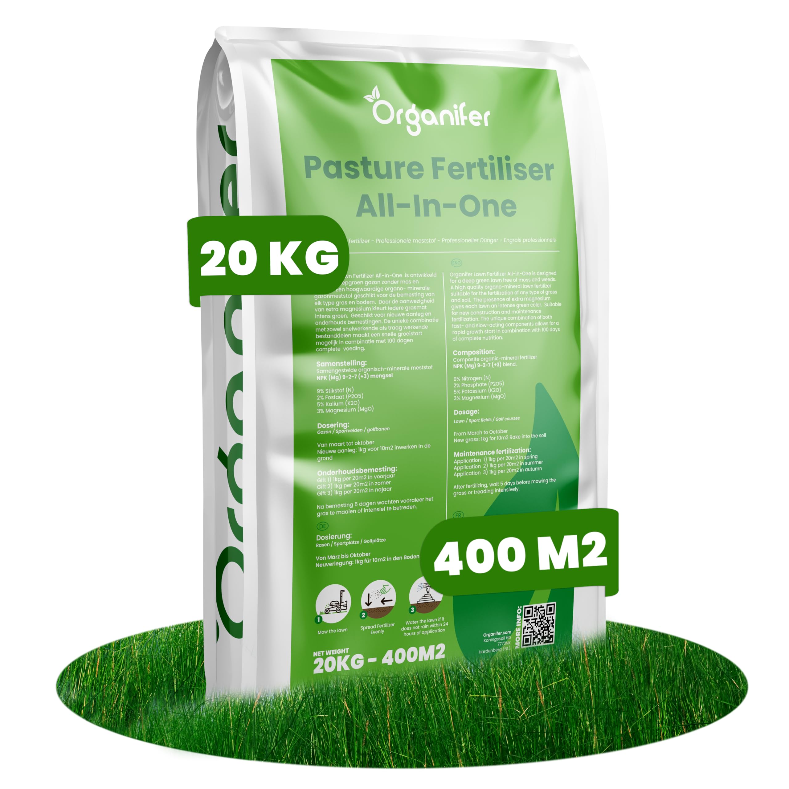 Weidedünger All-In-One - 20kg = 400m2 - Pferdeweide Und Hobbyvieh | Pferdeweide Und Hobbyvieh - Sorgt Für Hochwertiges Und Schmackhaftes Gras Und Raufutter - Organifer