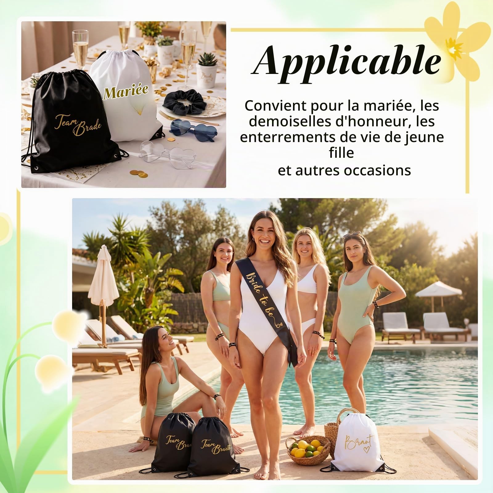 BBTO Lot de 33 Accessoires EVJF Femme Bride to Be & Team Bride Kit Enterrement de Vie de Jeune Fille avec 8 Sacs Cordon, 8 Lunettes Cœur, 8 Bracelets, 8 Chouchous et 1 Écharpe Mariée