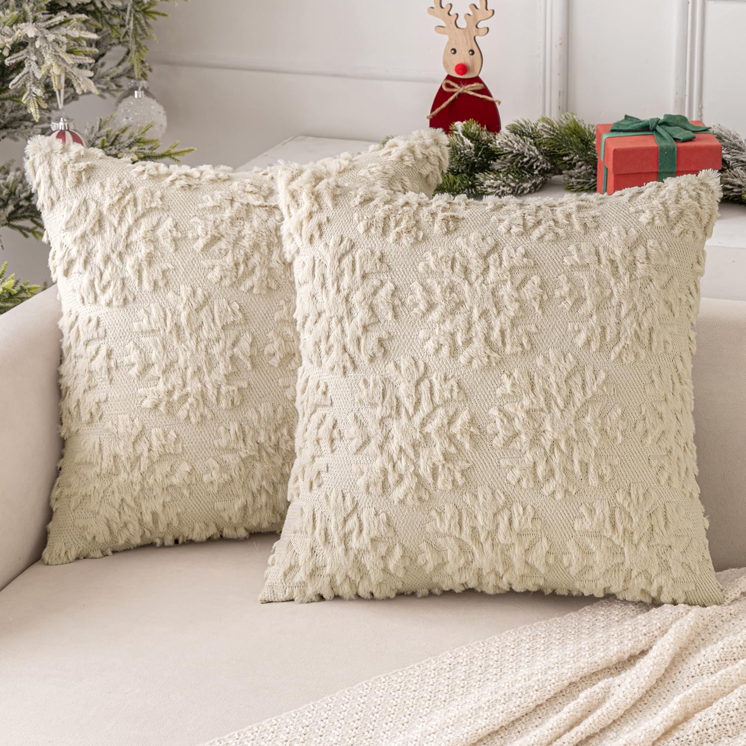 MIULEE Weihnachten Kissenbezug Weihnachtstag 2er Set Kurz Wolle und Samt Kissenbezüge Deko Luxuriöses Winter Zierkissenbezug für Sofa Schlafzimmer Wohnzimmer, Runde Schneeflocken, Beige, 45x45cm