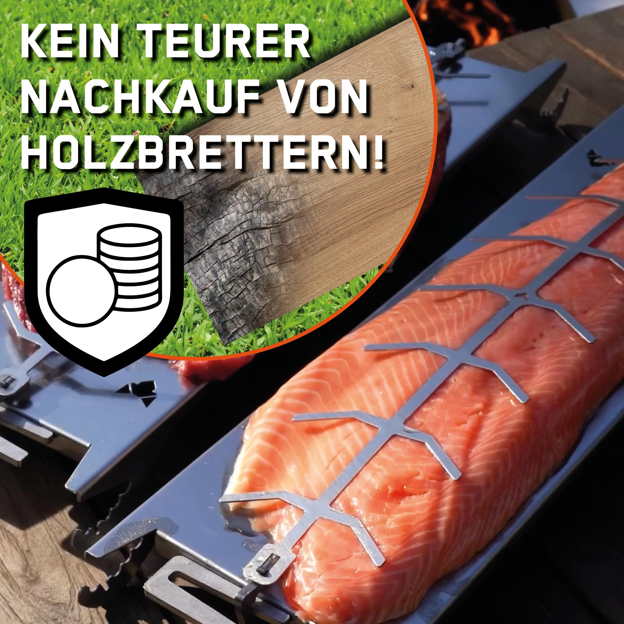 FENNEK Edelstahl Flammlachshalter für Feuerschalen & Kugelgrills | mit speziellem Spannmechanismus- Keine Schrauben nötig | 180° drehbar | Perfekte Alternative zum Flammlachsbrett | Made in Germany