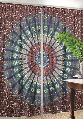 Cortinas indias de mandala de pavo real indio, cortinas para balcón, decoración de habitación, juego bohemio, tapiz urbano, grande, para ventana,