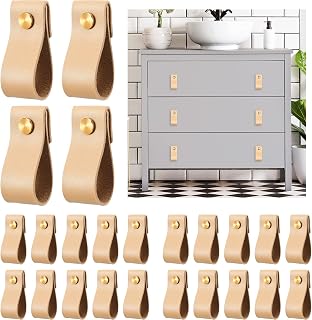 24 Pieces PVC Leather Drawer Pulls Handmade PVC Leather Cabinet Pulls Cabinet Furniture Knobs Pull Handle Wardrobe Door Handle Pulls Knob for Dresser Drawers Cabinet (Light Brown)