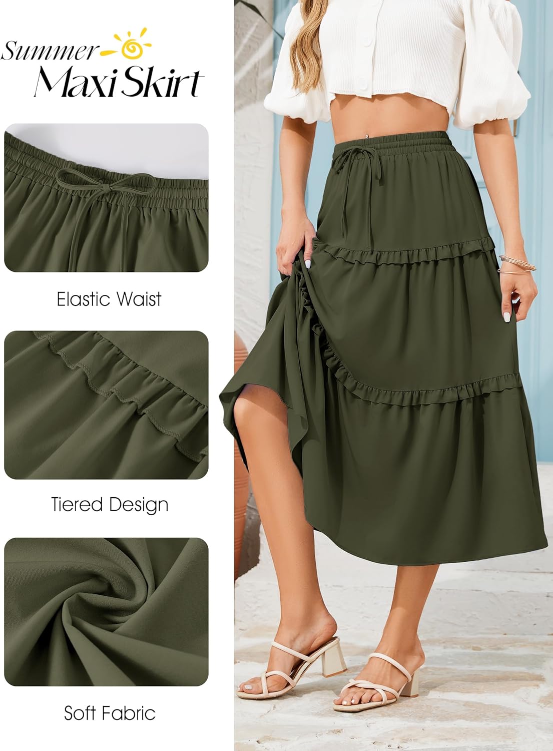Wedtrend Women's Summer Midi Skirt Tiered Boho Skirts Flowy Skirt Casual Beach Long Skirts - Image 3
